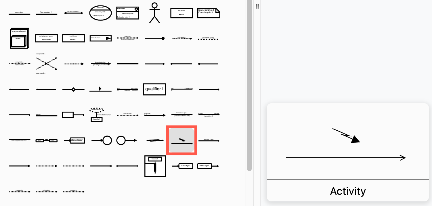 A straight connector with a zig-zag label can also be used as an interrupt in UML activity diagrams