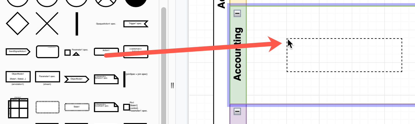 Drag a shape from the shape library and drop it into a swimlane when the outline of the lane turns purple