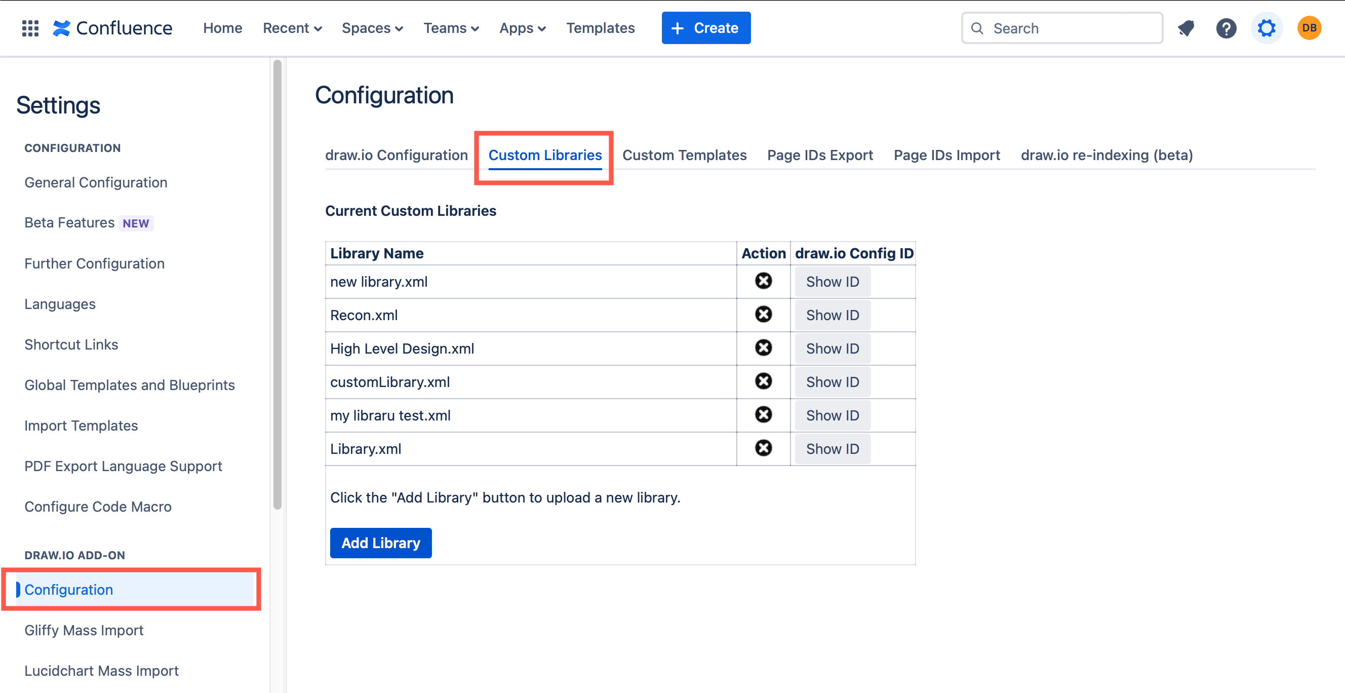 Add a custom library to Confluence Cloud via draw.io Configuration in the Confluence Administration area