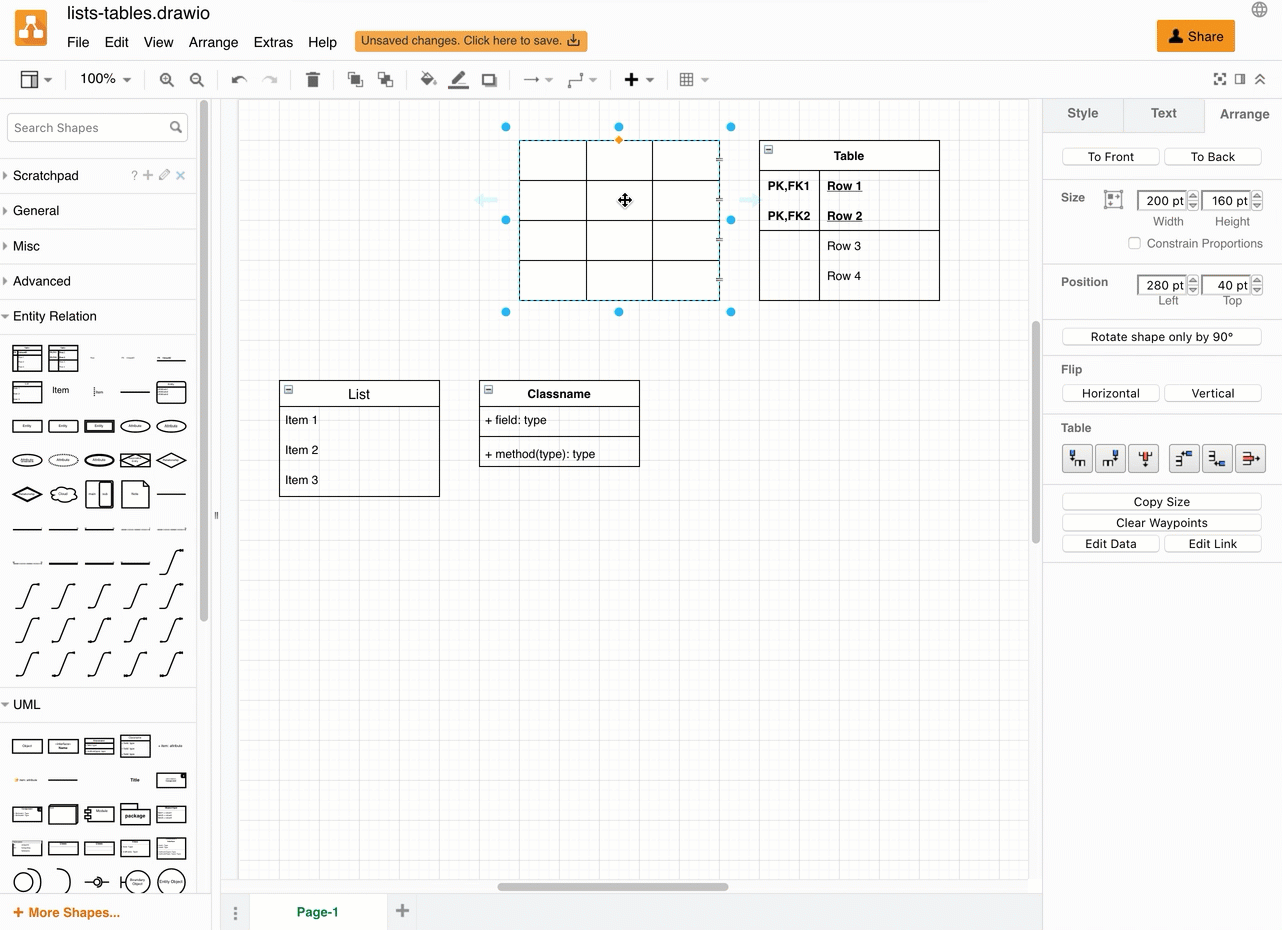 Add rows to table and list shapes in draw.io