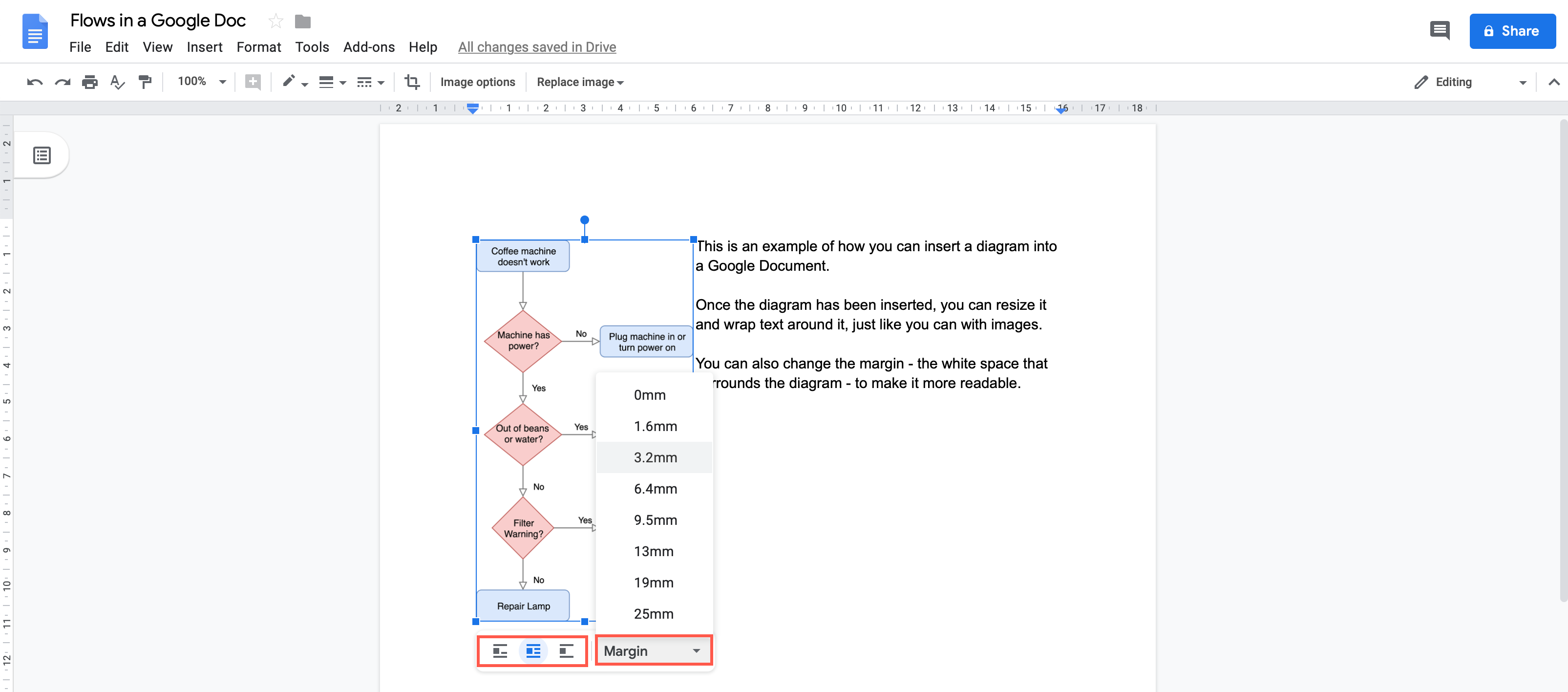 Select a new magin or text-wrap style around your diagram in your Google Document