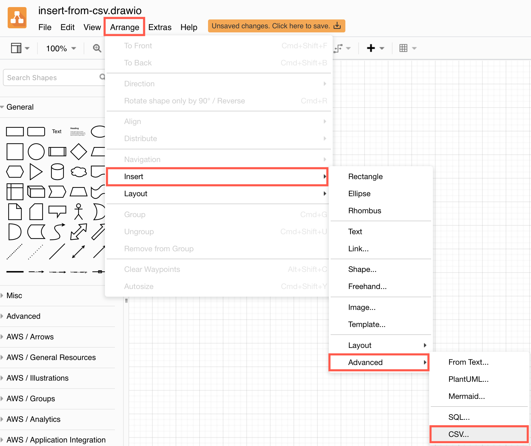 Select Arrange > Insert > Advanced > CSV dialog