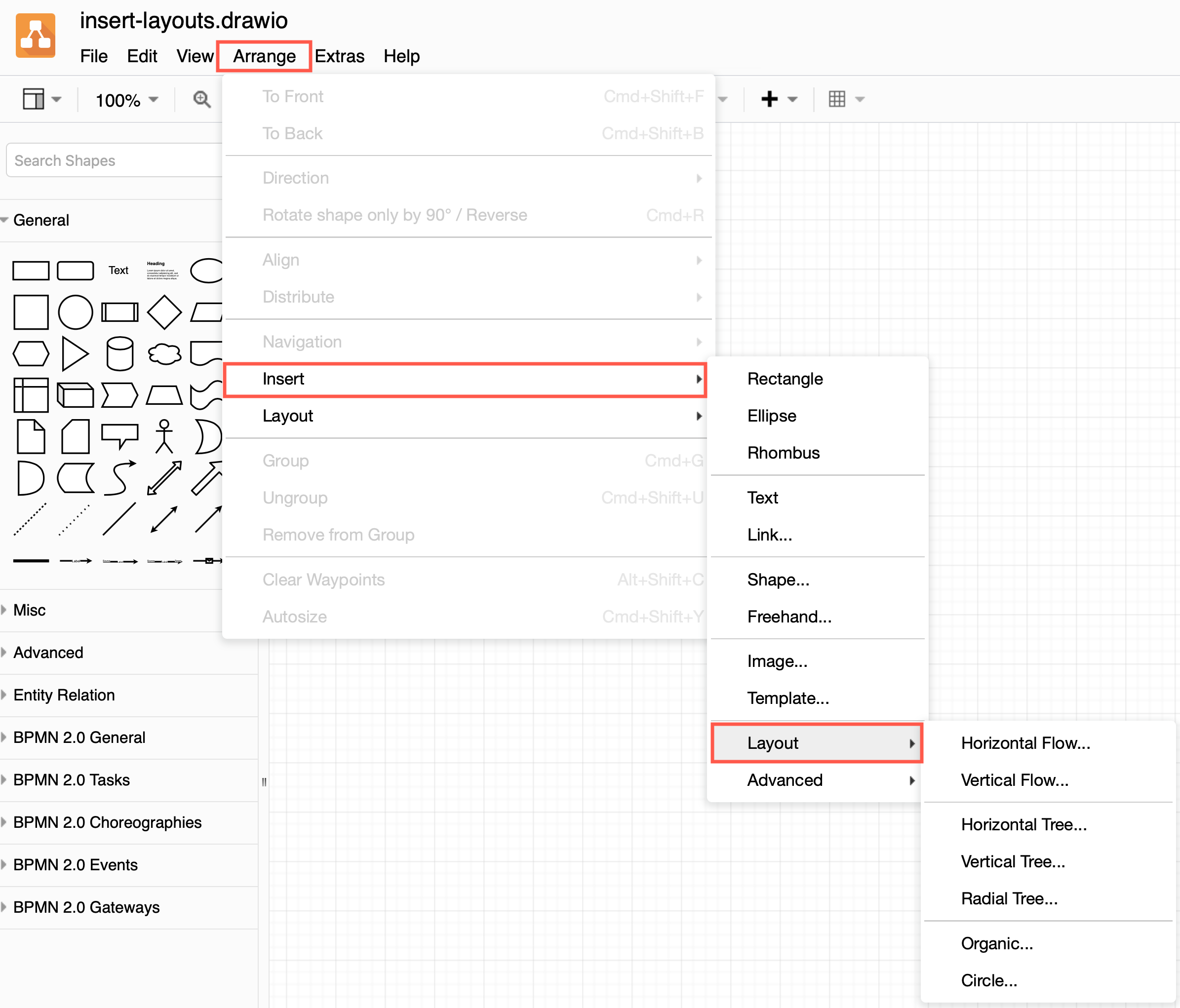 Select Arrange > Insert > Layout then select a layout to quickly build your diagram