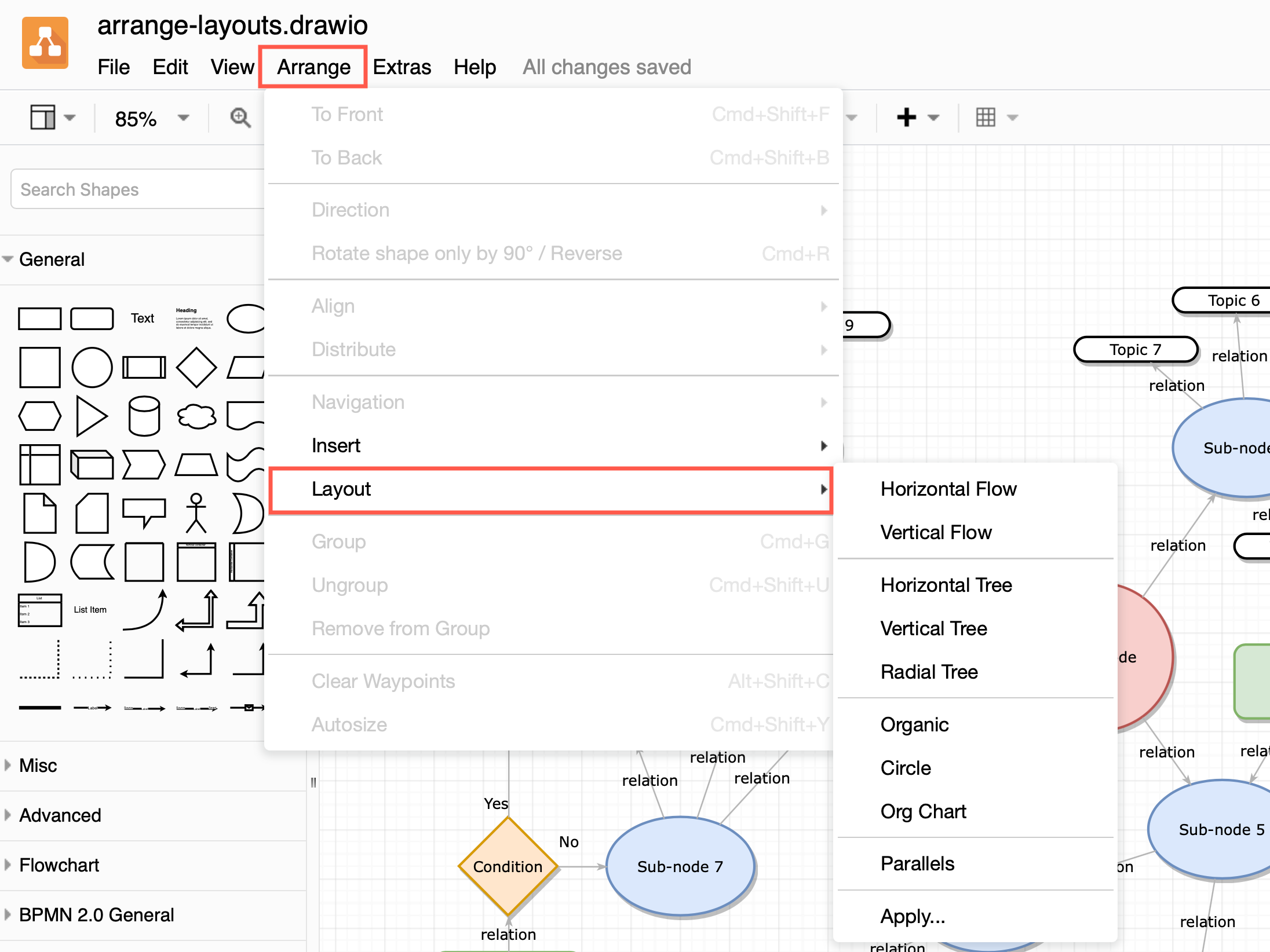 Apply a layout via Arrange > Layout to automatically rearrange the shapes and connectors in draw.io
