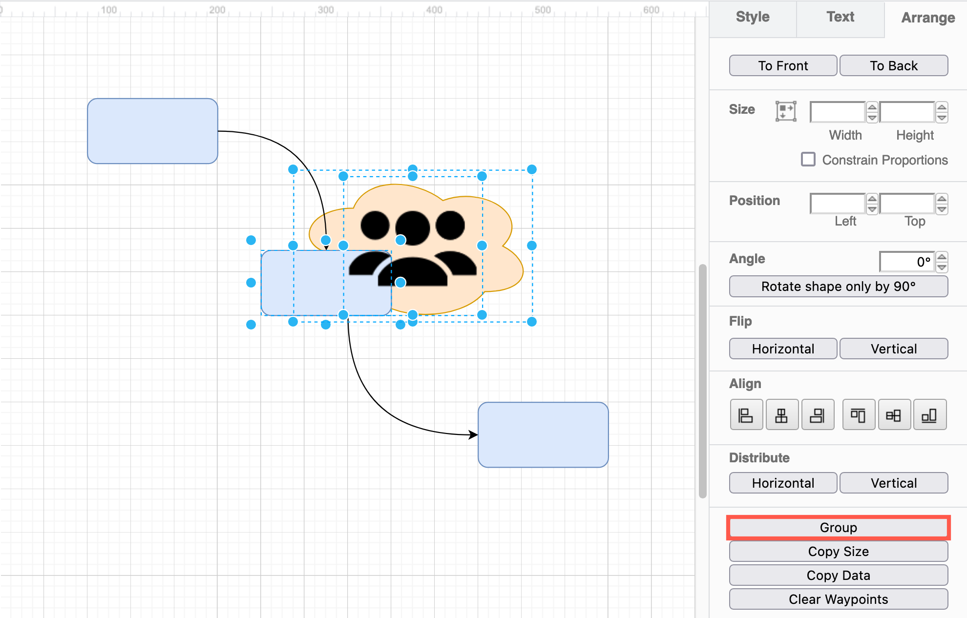 Rotate a shape using the rotate grab handle