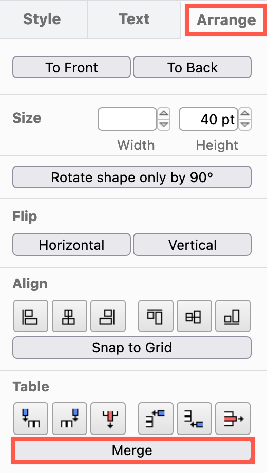 Merge table cells in the draw.io editor via the Arrange tab in the format panel