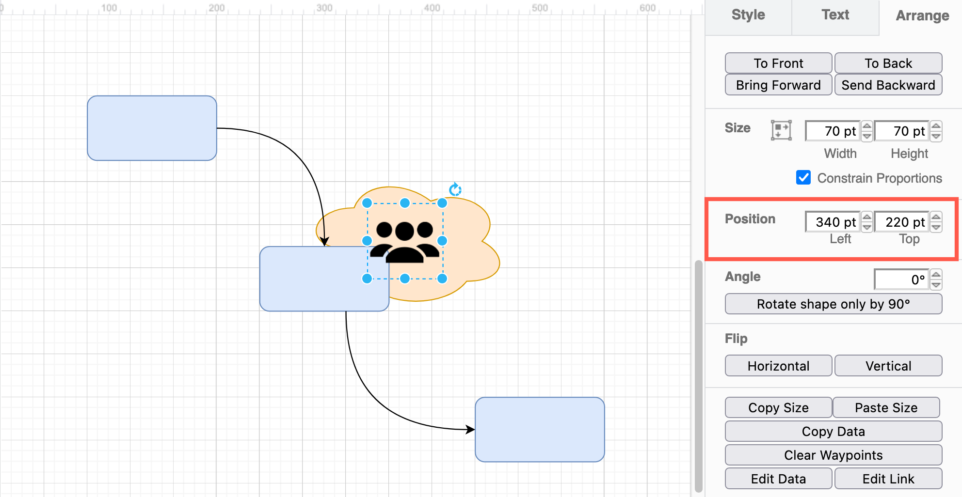 Select a shape, then enter a new exact position to move it on the drawing canvas