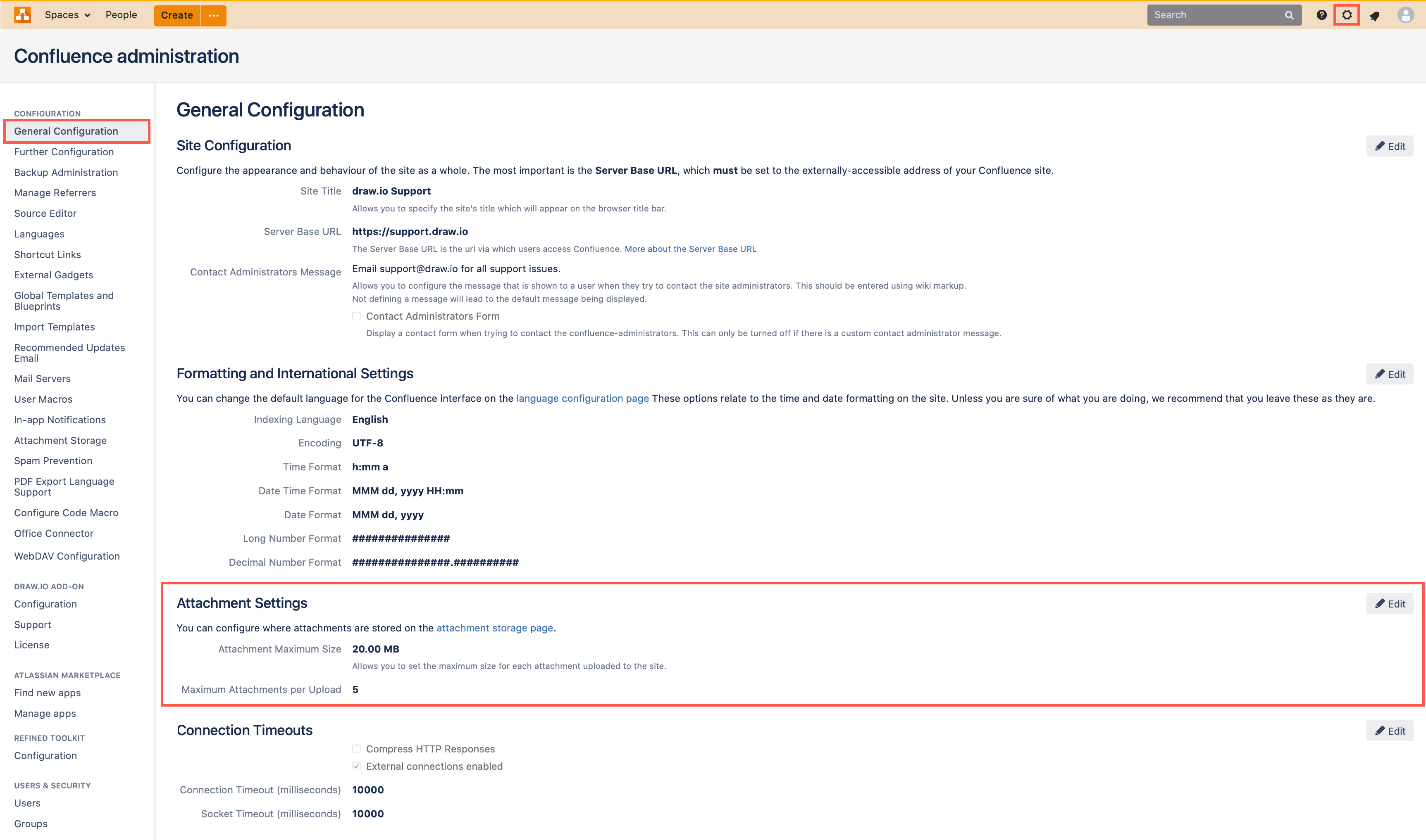 Confluence Server attachment settings in the General Configuration section of your Server settings