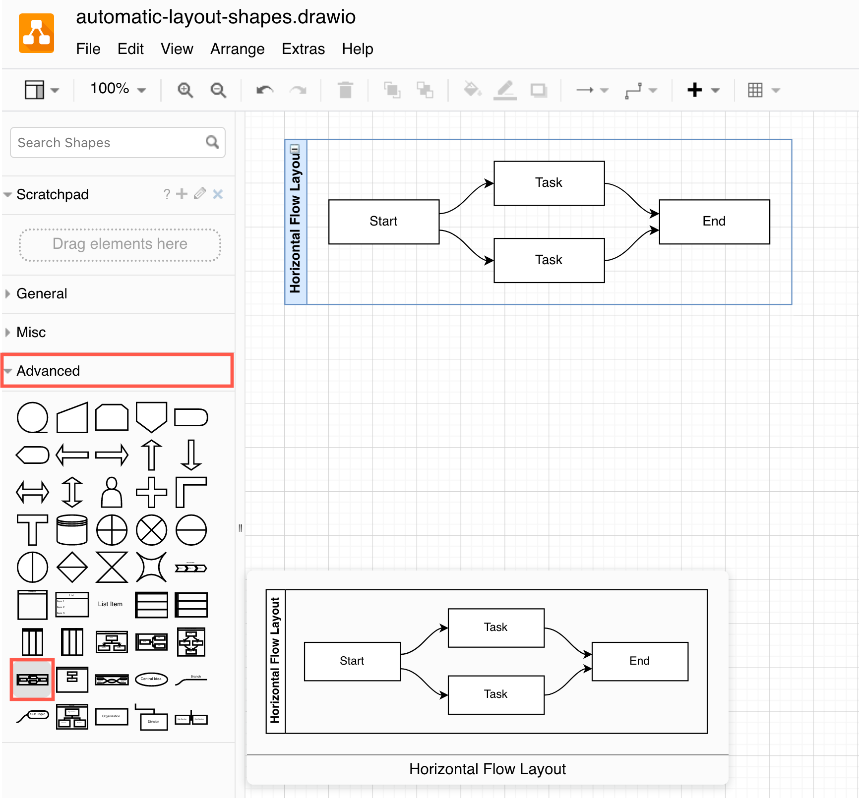 The automatic layout container shapes are available in the Advanced shape library in draw.io