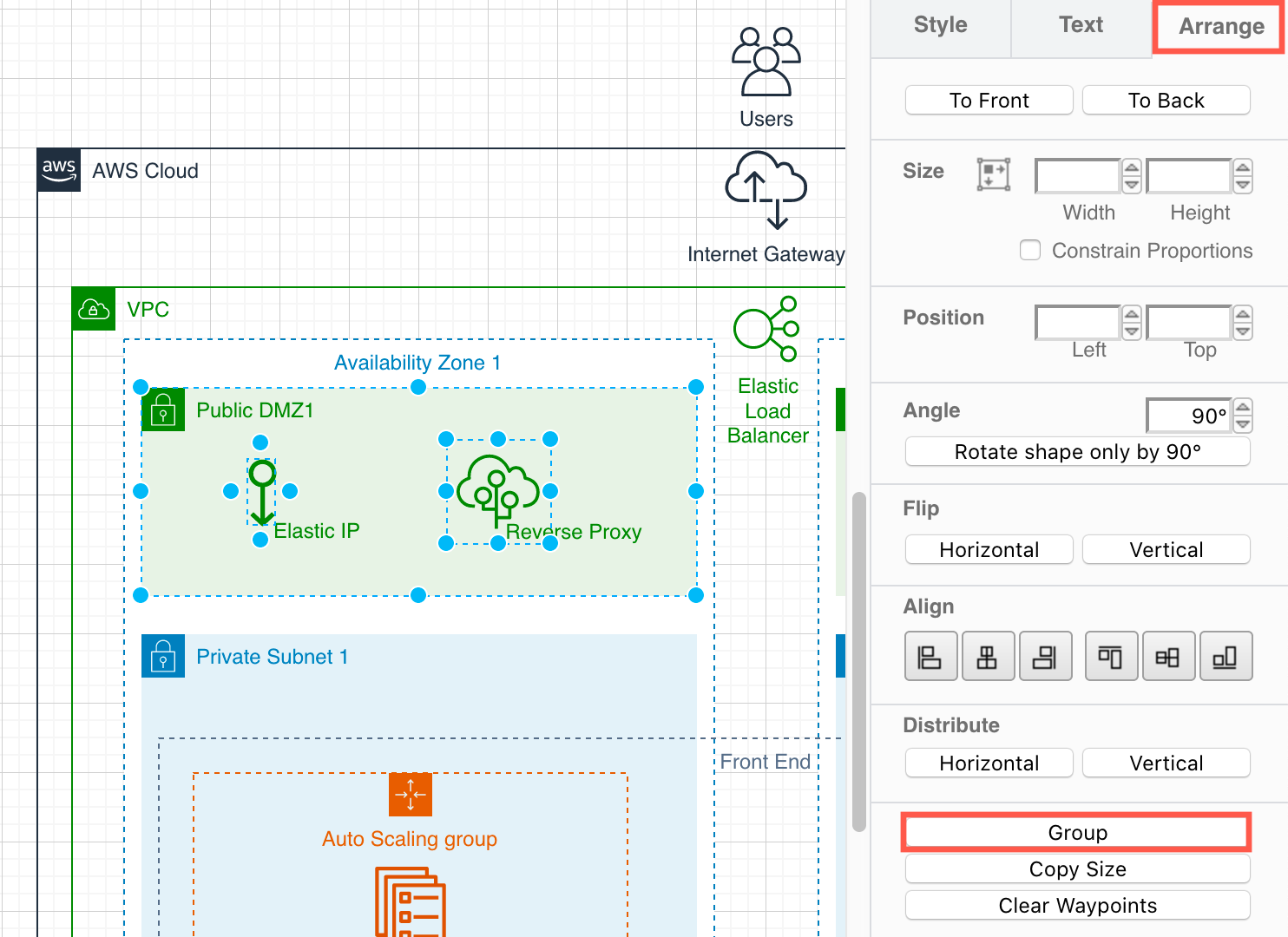 Group multiple shapes together to indicate logical groupings of components in your AWS architecture