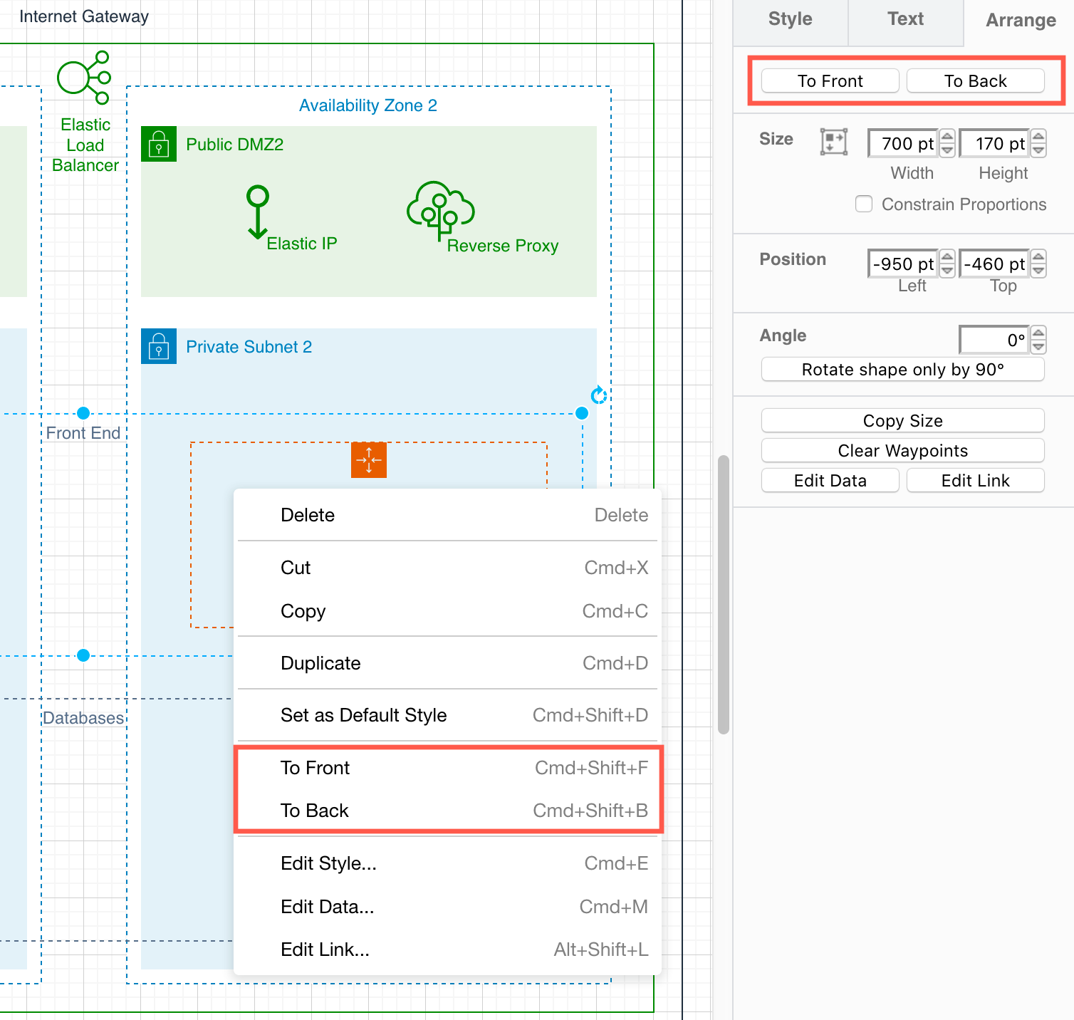 Change the order (depth) of where the shapes are rendered via the Arrange tab or right-click context menu