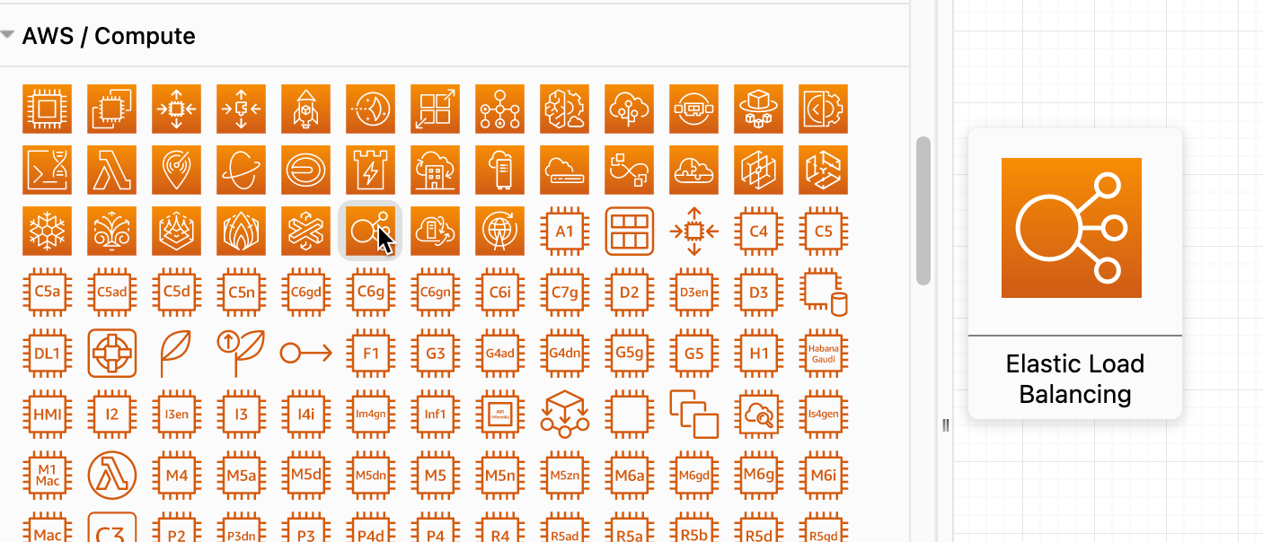 Hover over shapes in the AWS shape library in draw.io to see their function