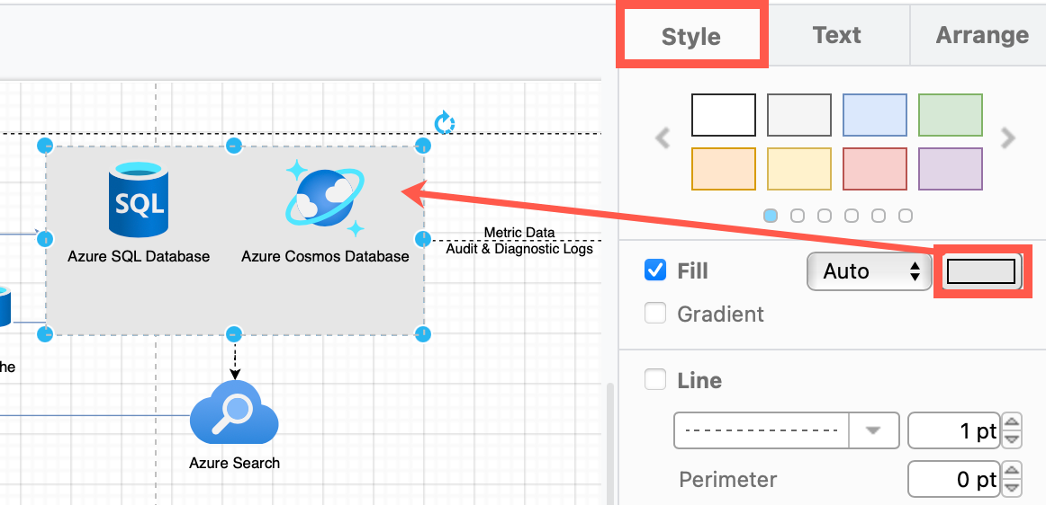 Change the Style of basic rectangles in the format panel to indicate different regions in your Azure architecture