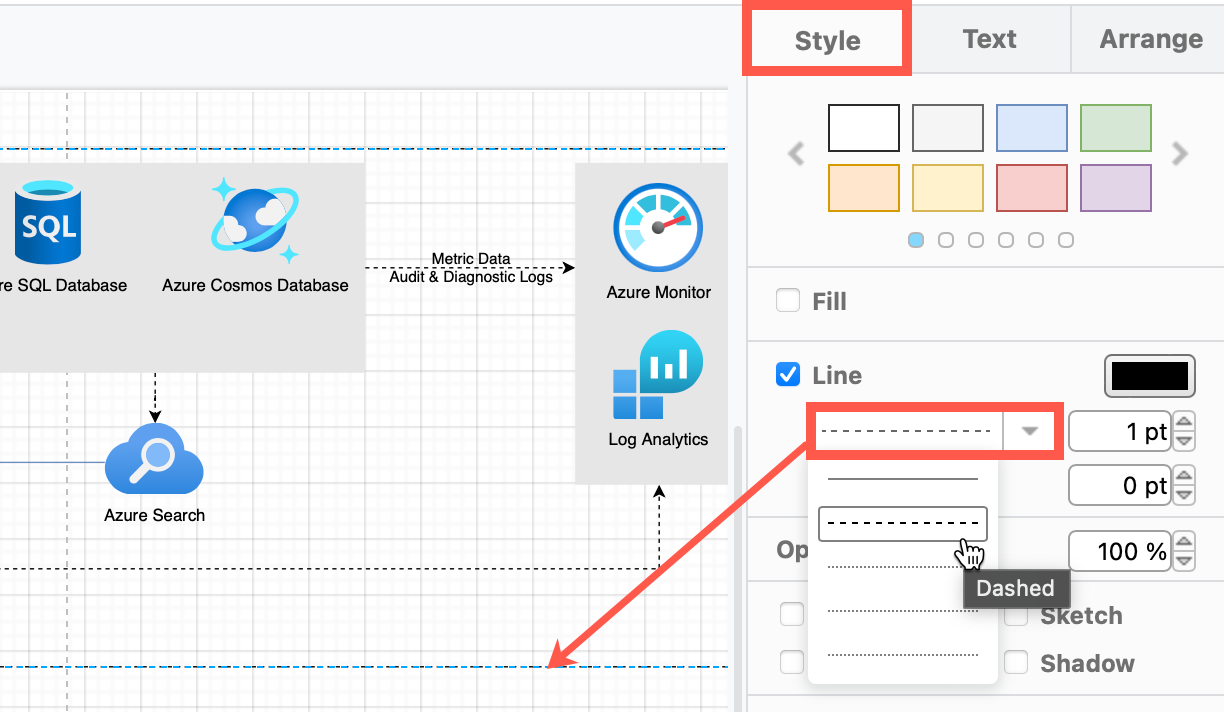 Change the Style of basic rectangles in the format panel to indicate different regions in your Azure architecture