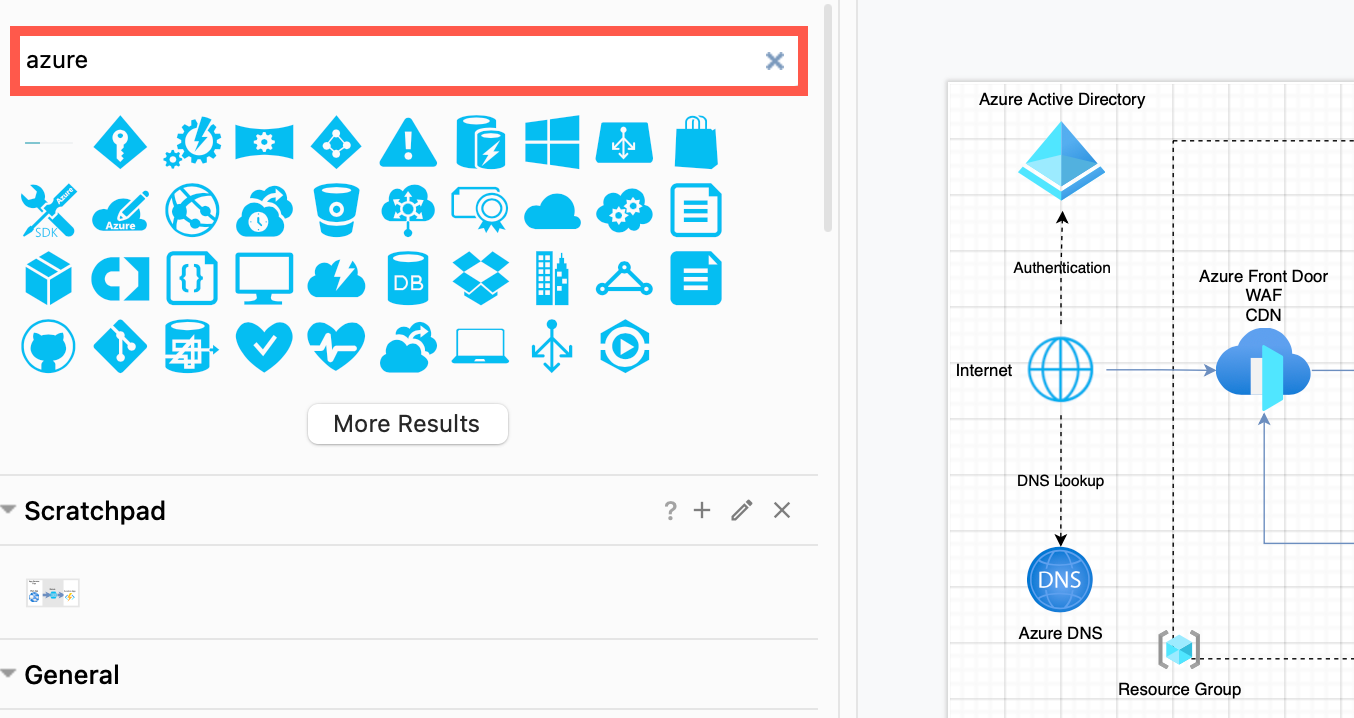 Search for 'azure' to see all the shapes without them being sorted into categories