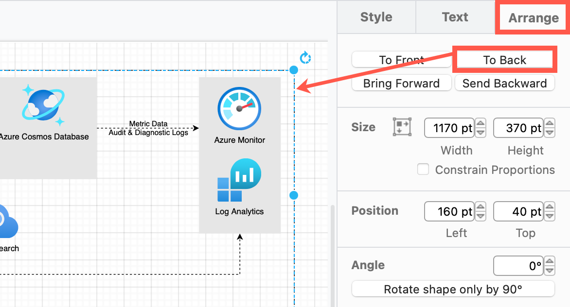 Move region shapes to the back via the Arrange tab of the format panel, behind the other shapes in your Azure diagram