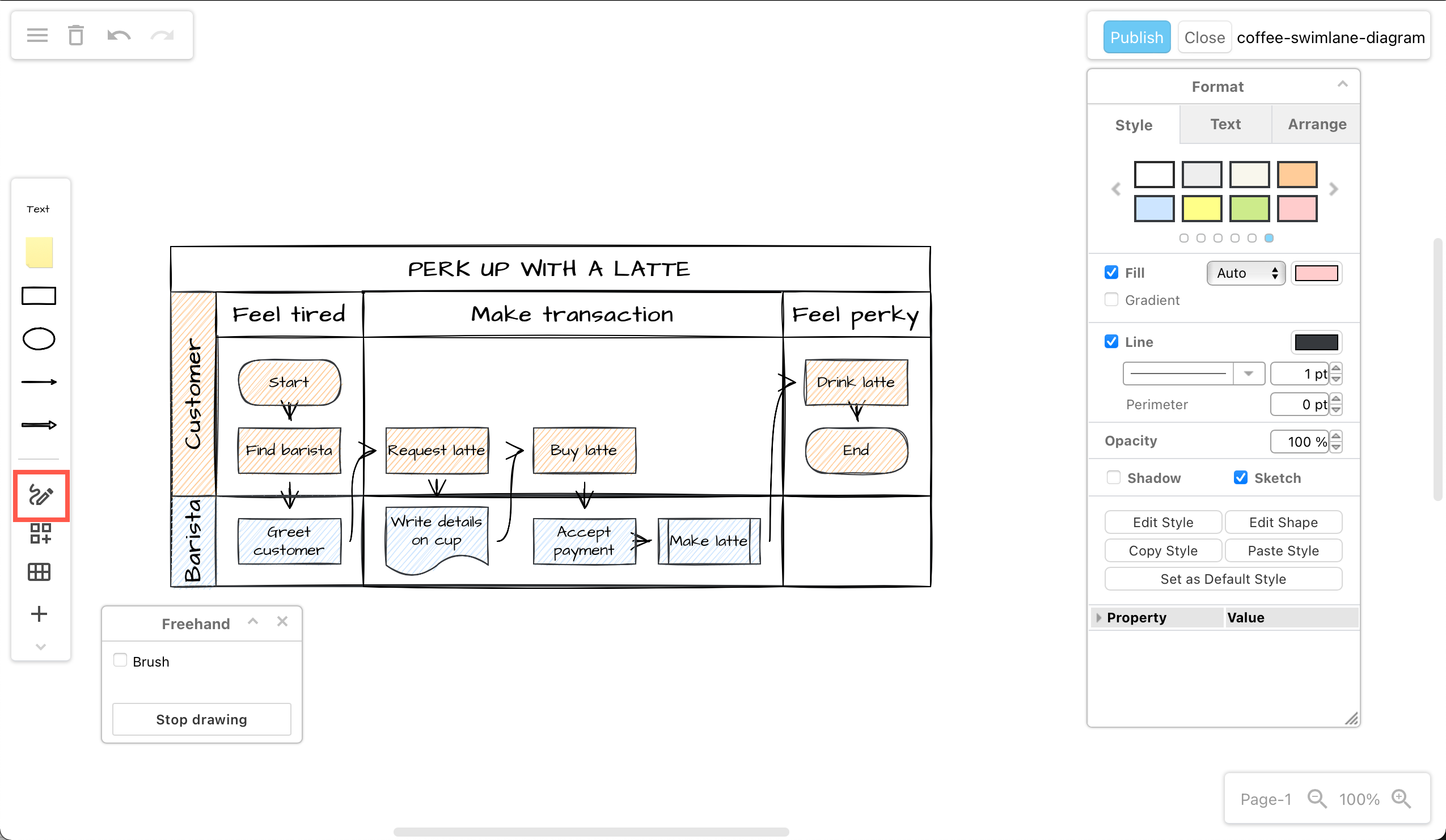 Click on the shapes or drag them from the toolbar onto the drawing canvas