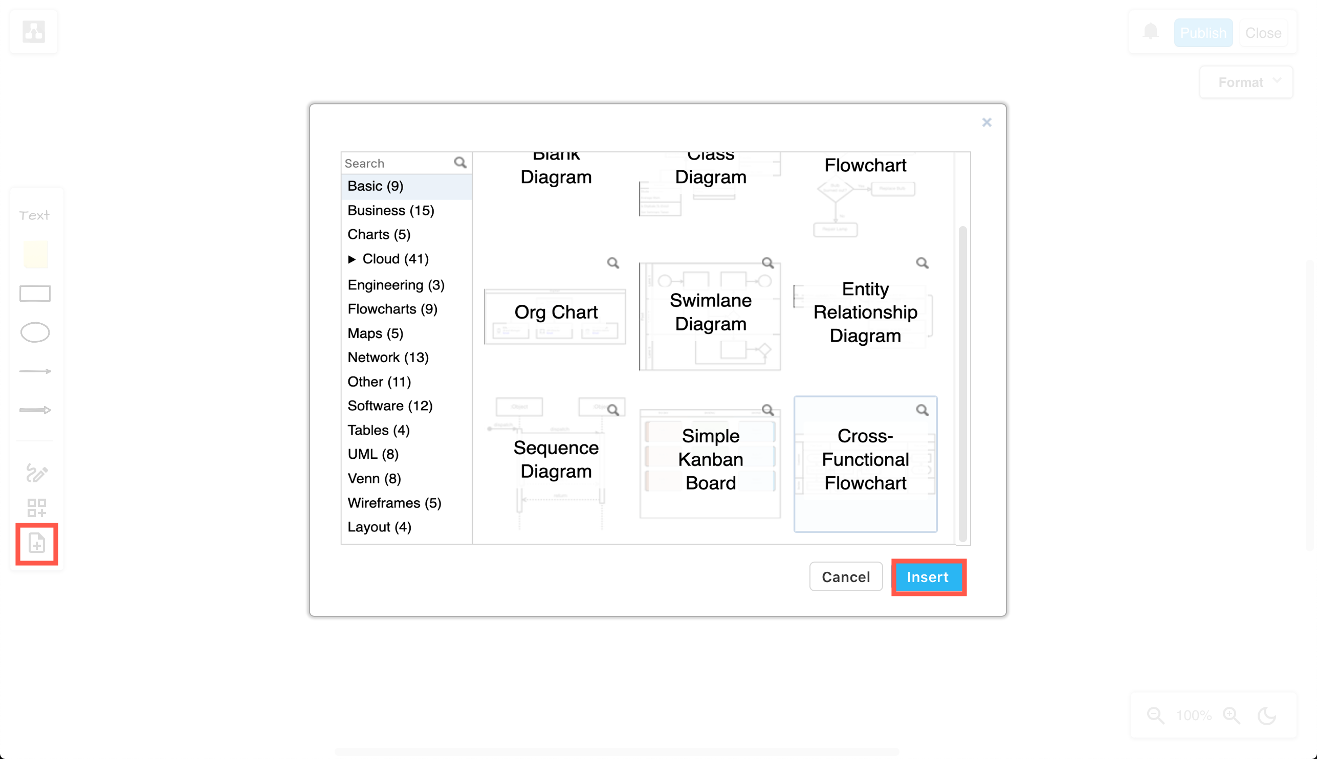 Select a diagram template and click Insert to add it to the drawing canvas in a draw.io Board diagram in Confluence Cloud