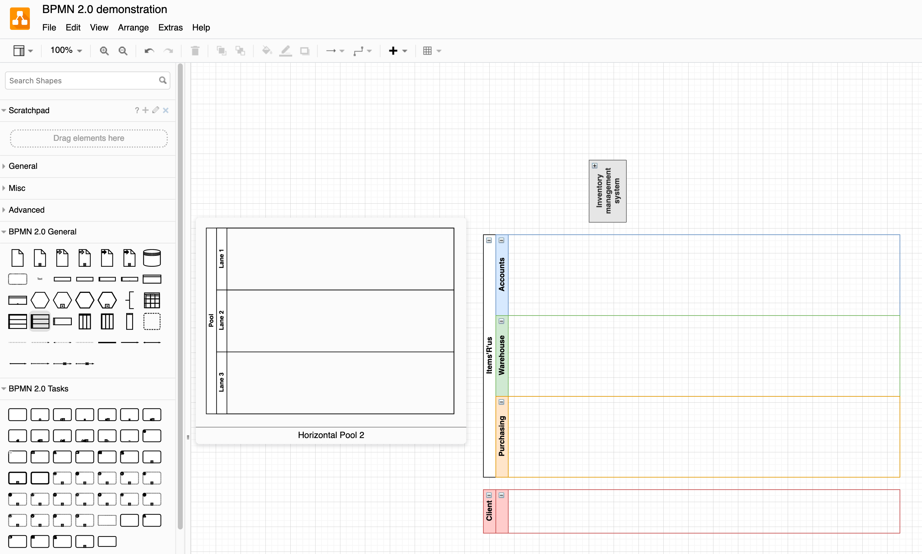 BPMN diagrams use pools and swimlanes to show areas of responsibility and who does which process step