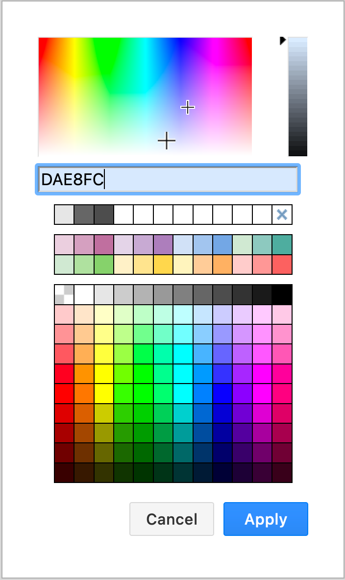 Choose a colour from the default or larger colour palette, or enter your own hex colour code