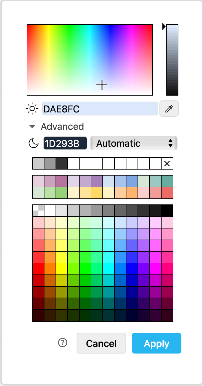 Choose a colour from the default or larger colour palette, or enter your own hex colour code