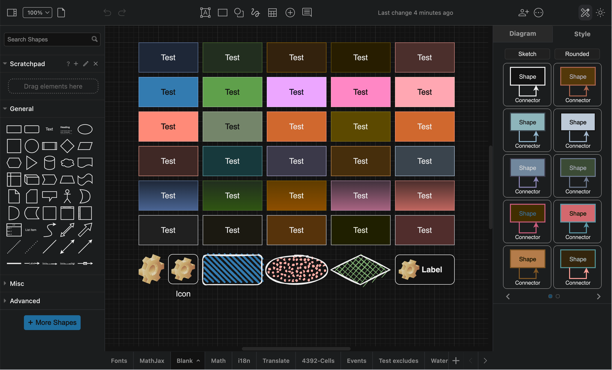 All the colours of the Style tab palettes and the global style in dark mode in draw.io