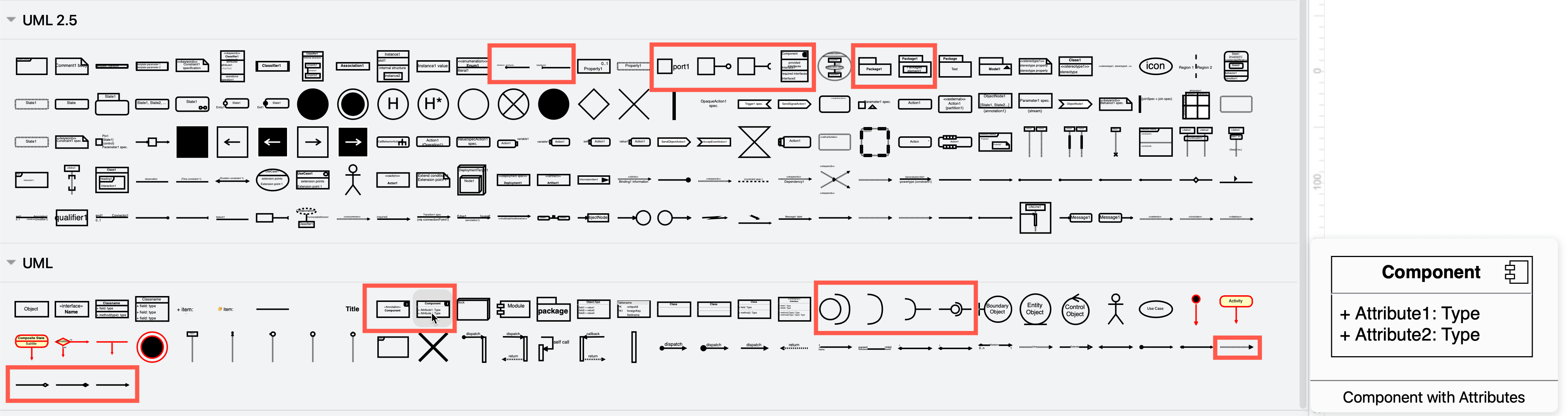 Component diagram shapes are spread out throughout the two shape libraries in draw.io - UML and UML 2.5