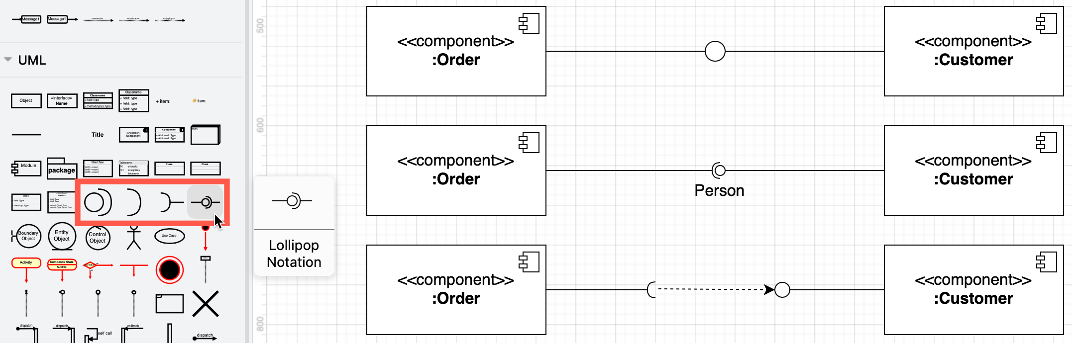 There are many interface shapes in the UML shape libraries in draw.io - pick your favourite combination for your component diagrams