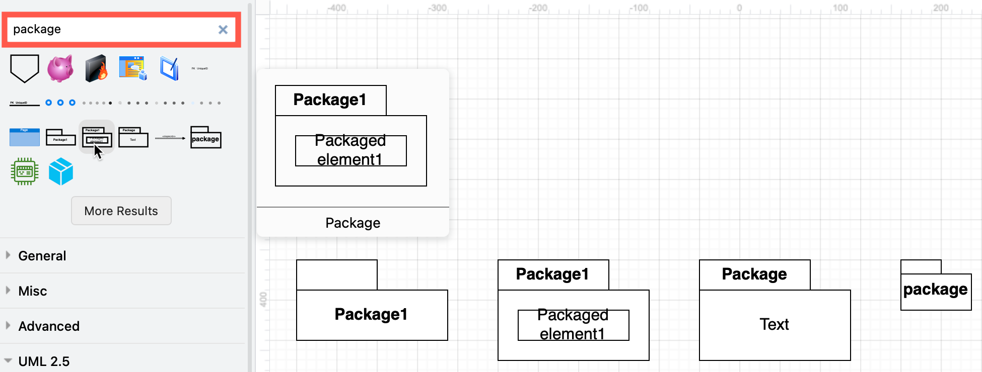 There are several package shapes which can be used in UML component and package diagrams in draw.io