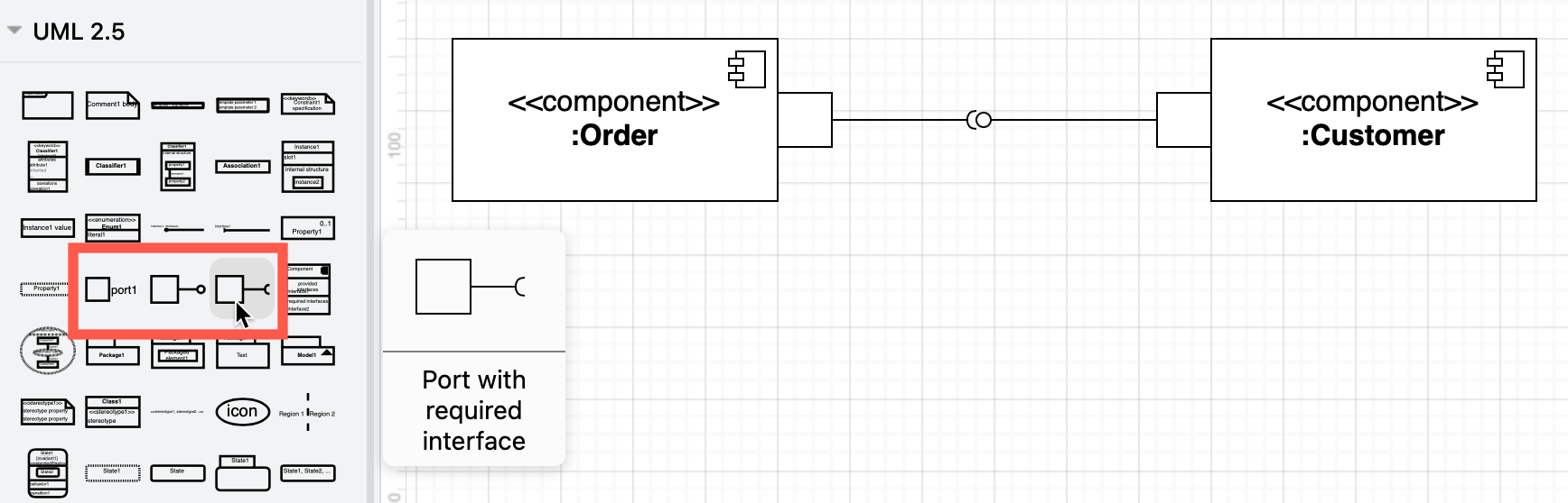 The best port shapes in draw.io are in the UML 2.5 shape library