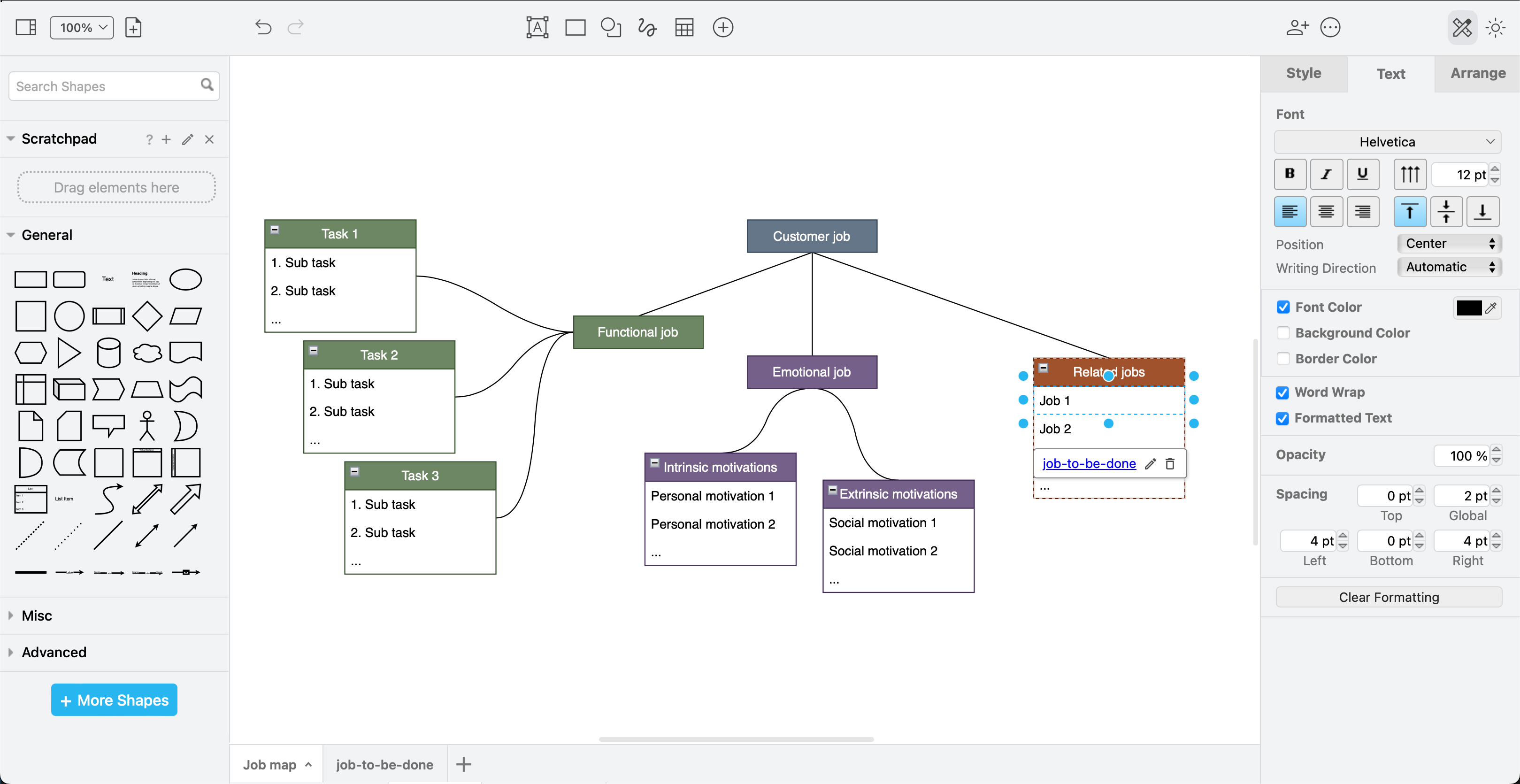 A job map with a link to another concept map in a multi-page draw.io diagram