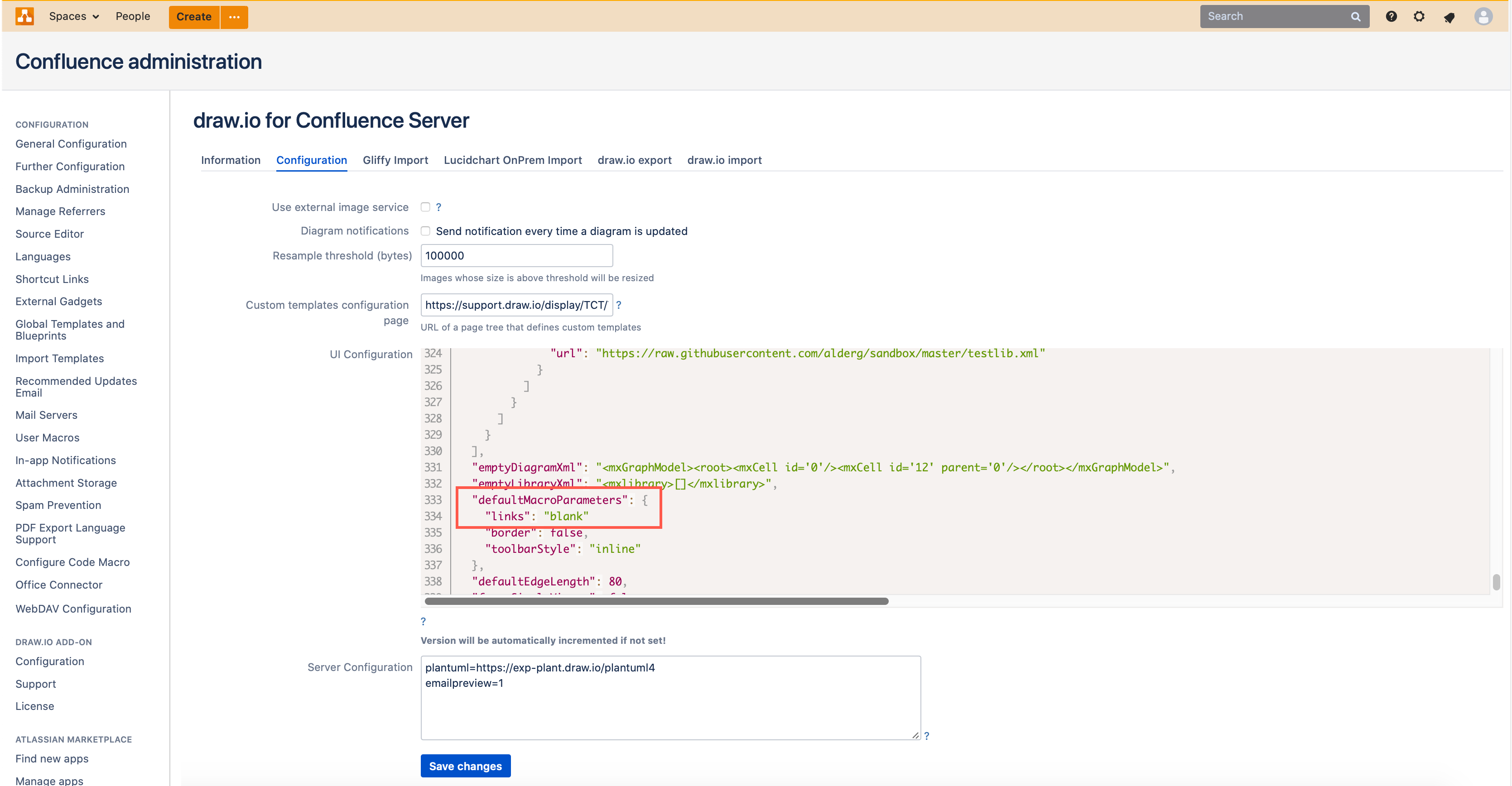 Edit the draw.io configuration to change the default link behaviour globally