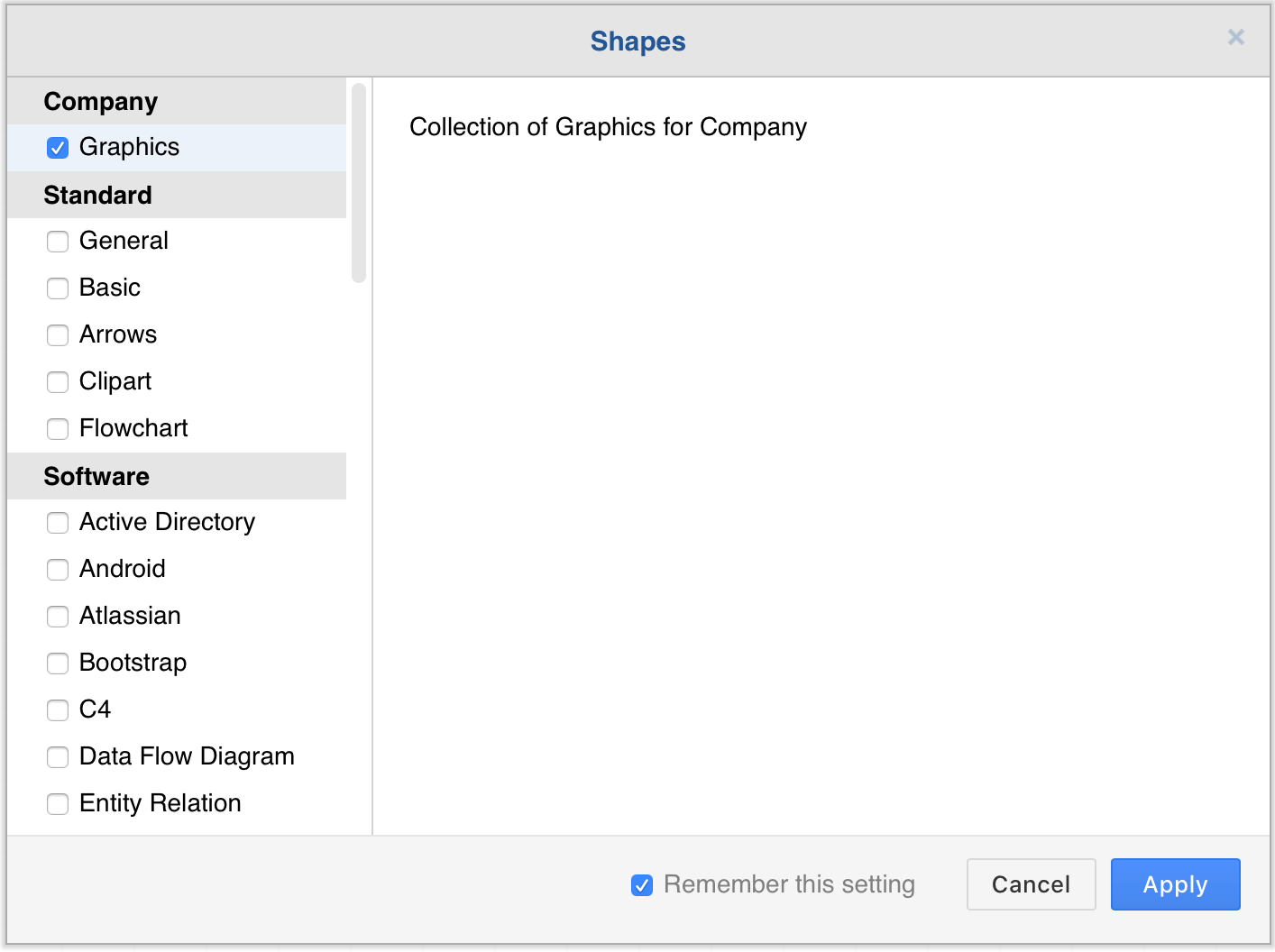 The More Shape dialog in draw.io after configuring it with a custom library and library category