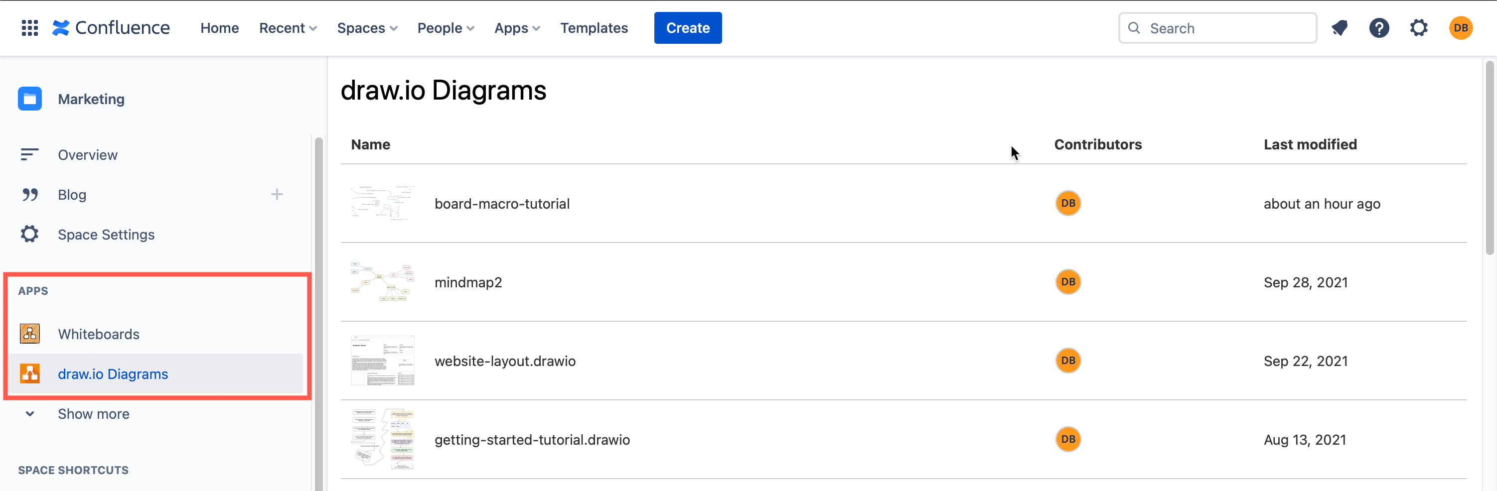 See all of the draw.io Diagrams and draw.io Boards in a Confluence Cloud instance