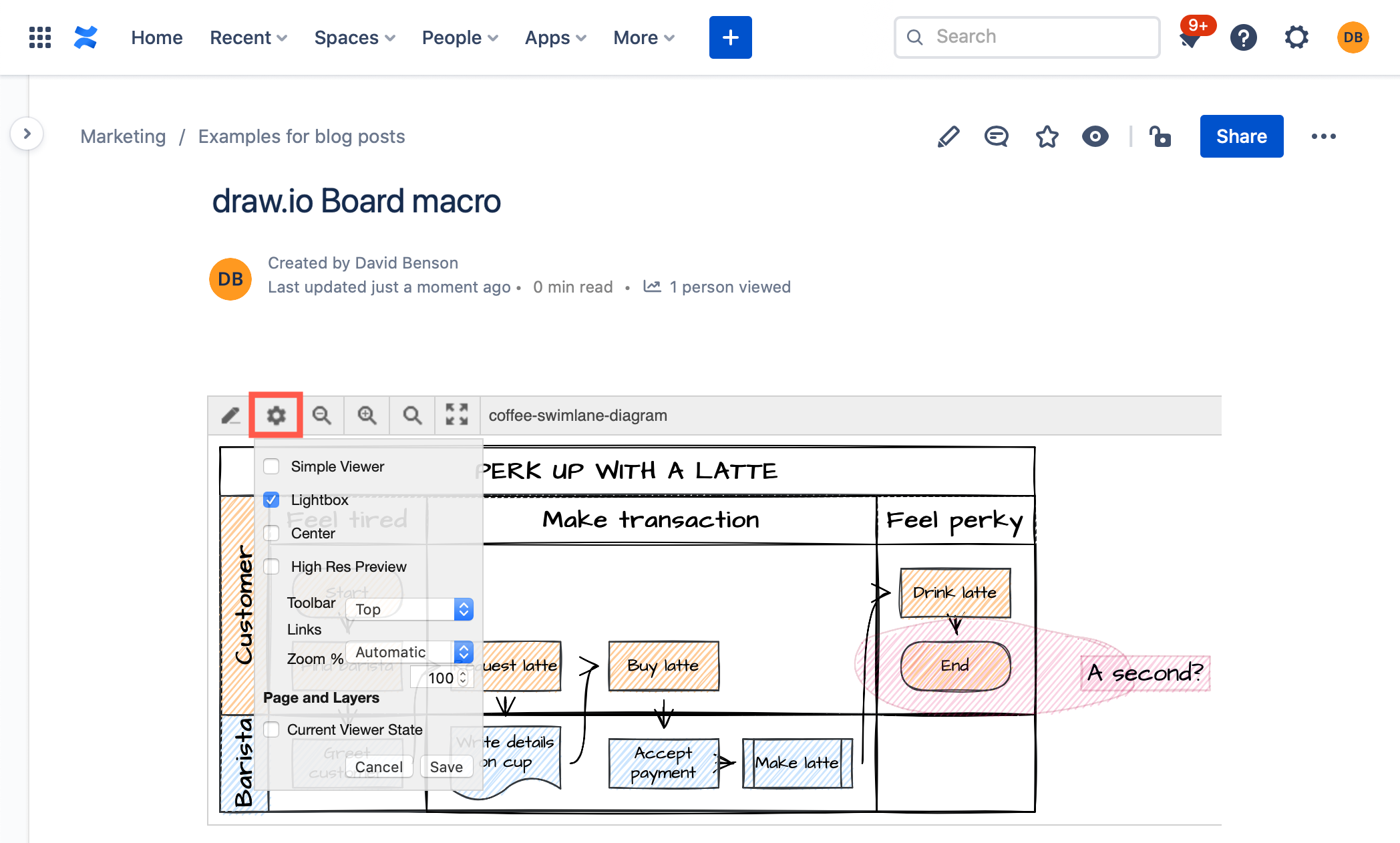 Set the viewer options to change how your diagram appears on the Confluence page