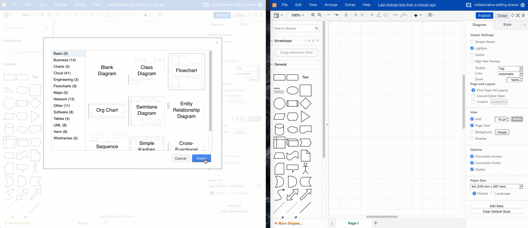 Two people editing the same diagram in draw.io for Confluence Cloud will see each others' changes as they are auto-saved