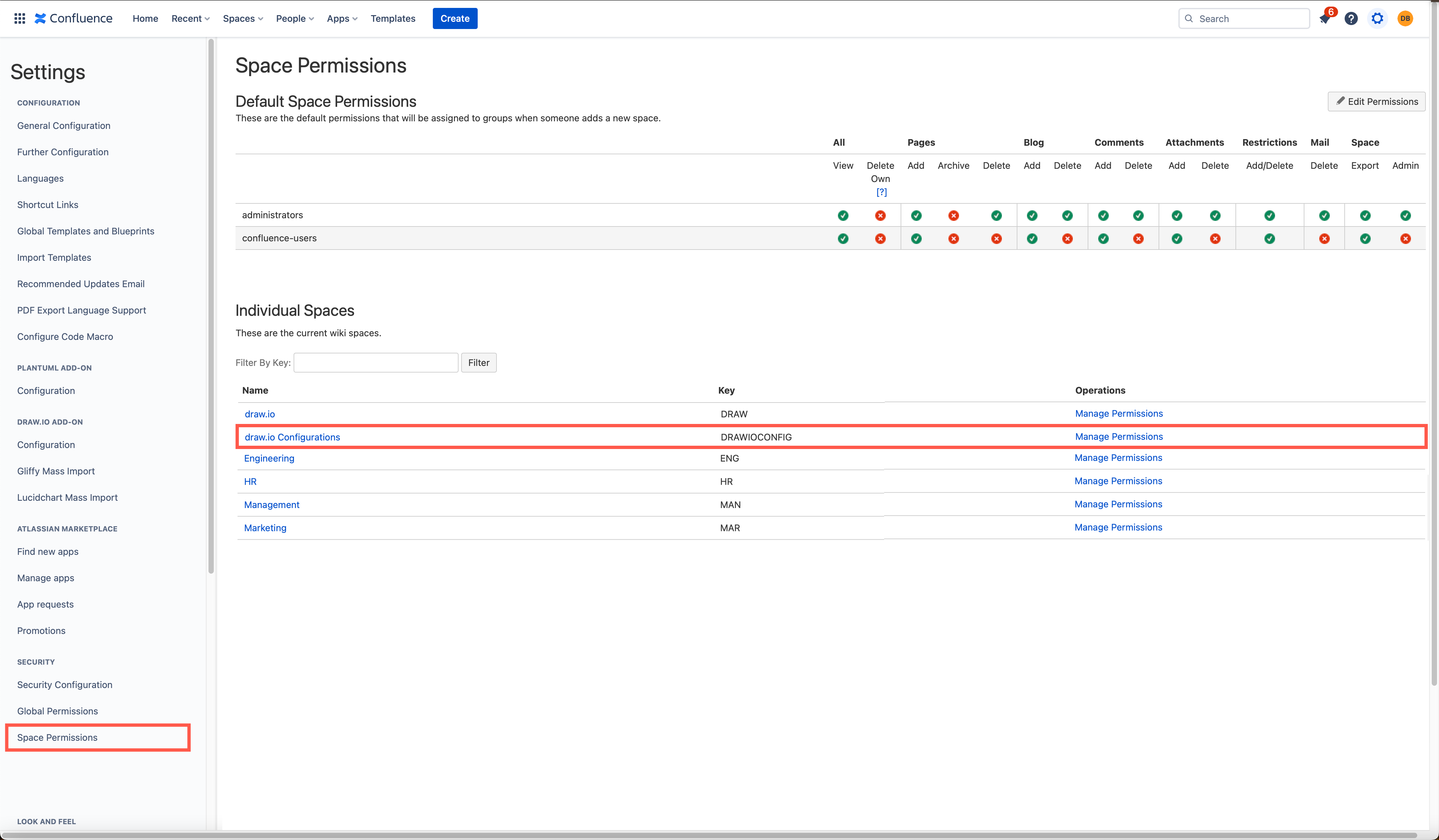 Go to the space settings for the draw.io Configuration space in your Confluence instance