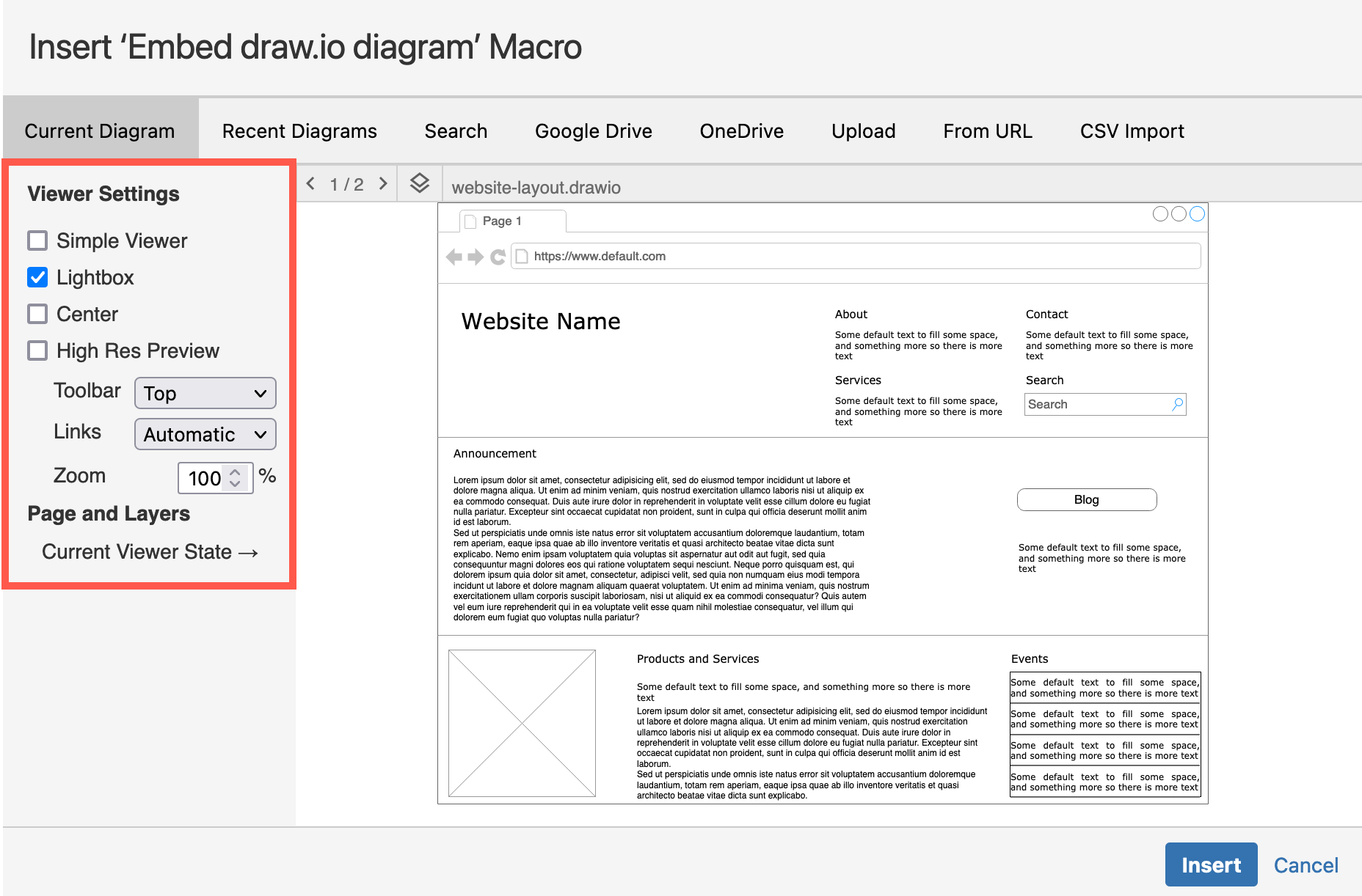 Set the viewer settings, select a diagram page and set the visible layers when embedding an existing diagram in another Confluence Cloud page