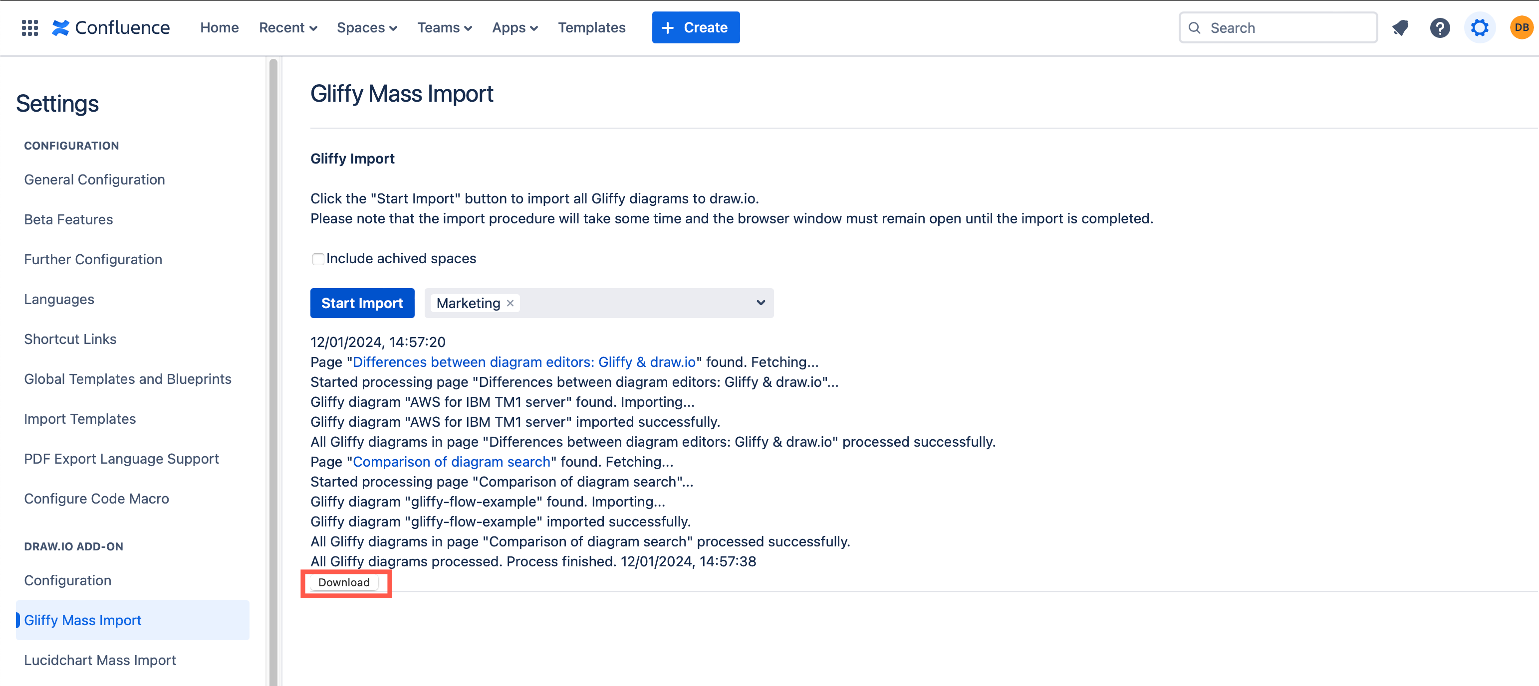 Log of the Gliffy mass import to draw.io in Confluence Cloud