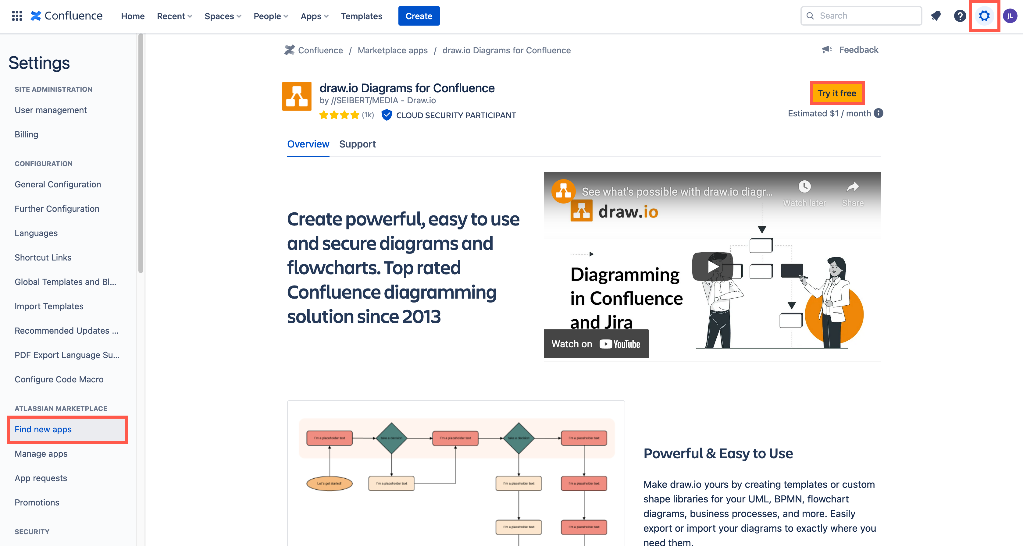 Install the draw.io app in your Confluence Cloud instance