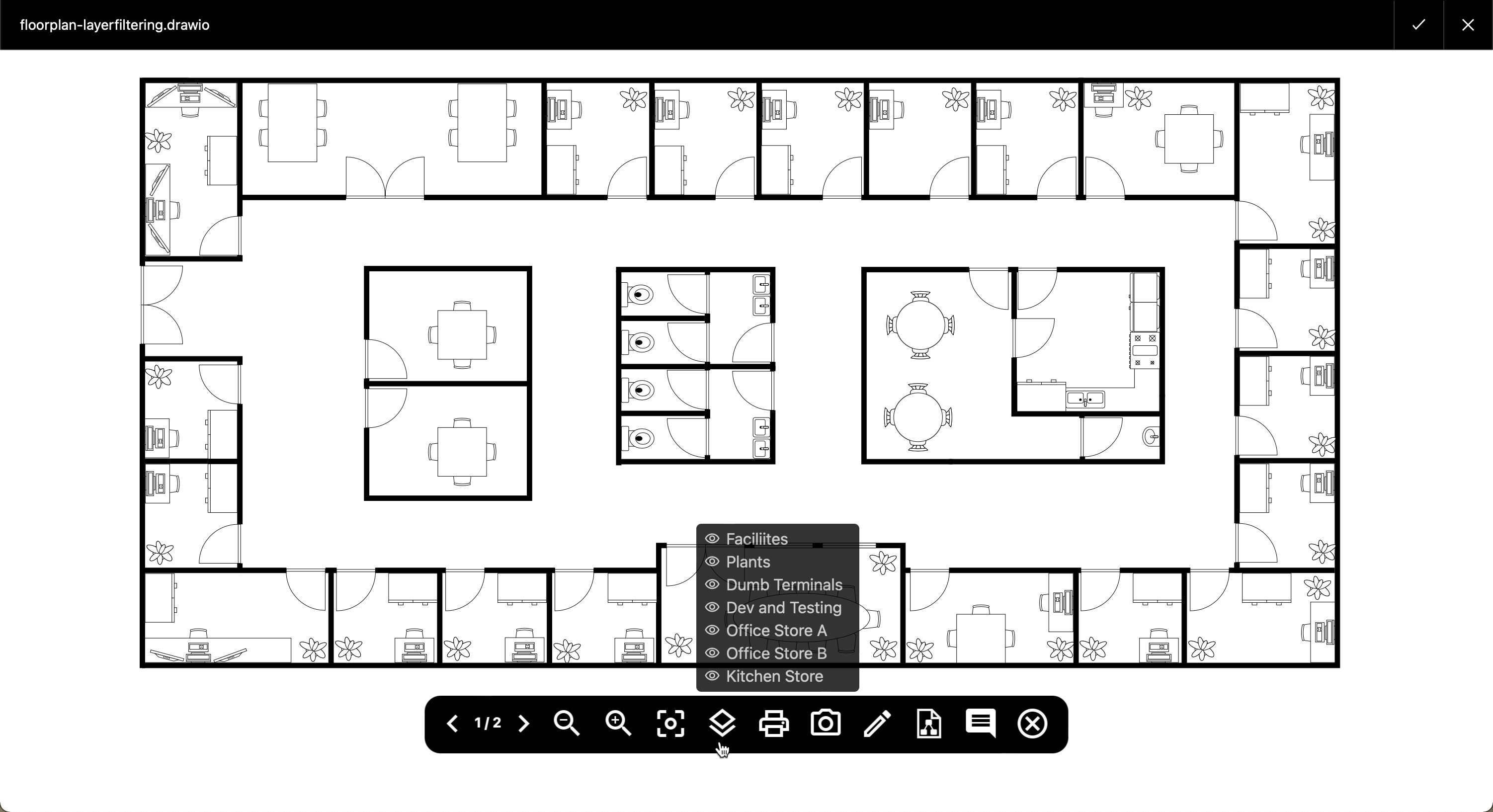 Use the viewer toolbar to zoom in and navigate a draw.io diagram on a Confluence Cloud page