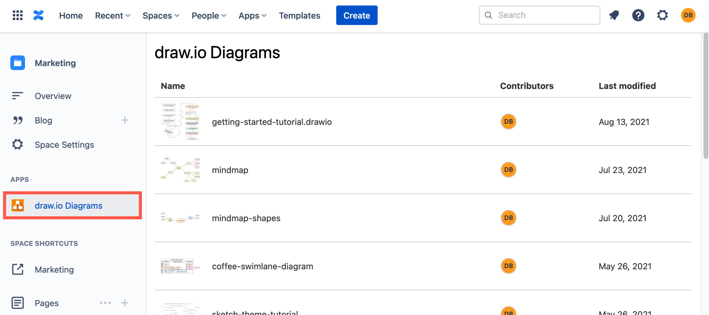 See all of the draw.io diagram in your Confluence Cloud space via the left panel