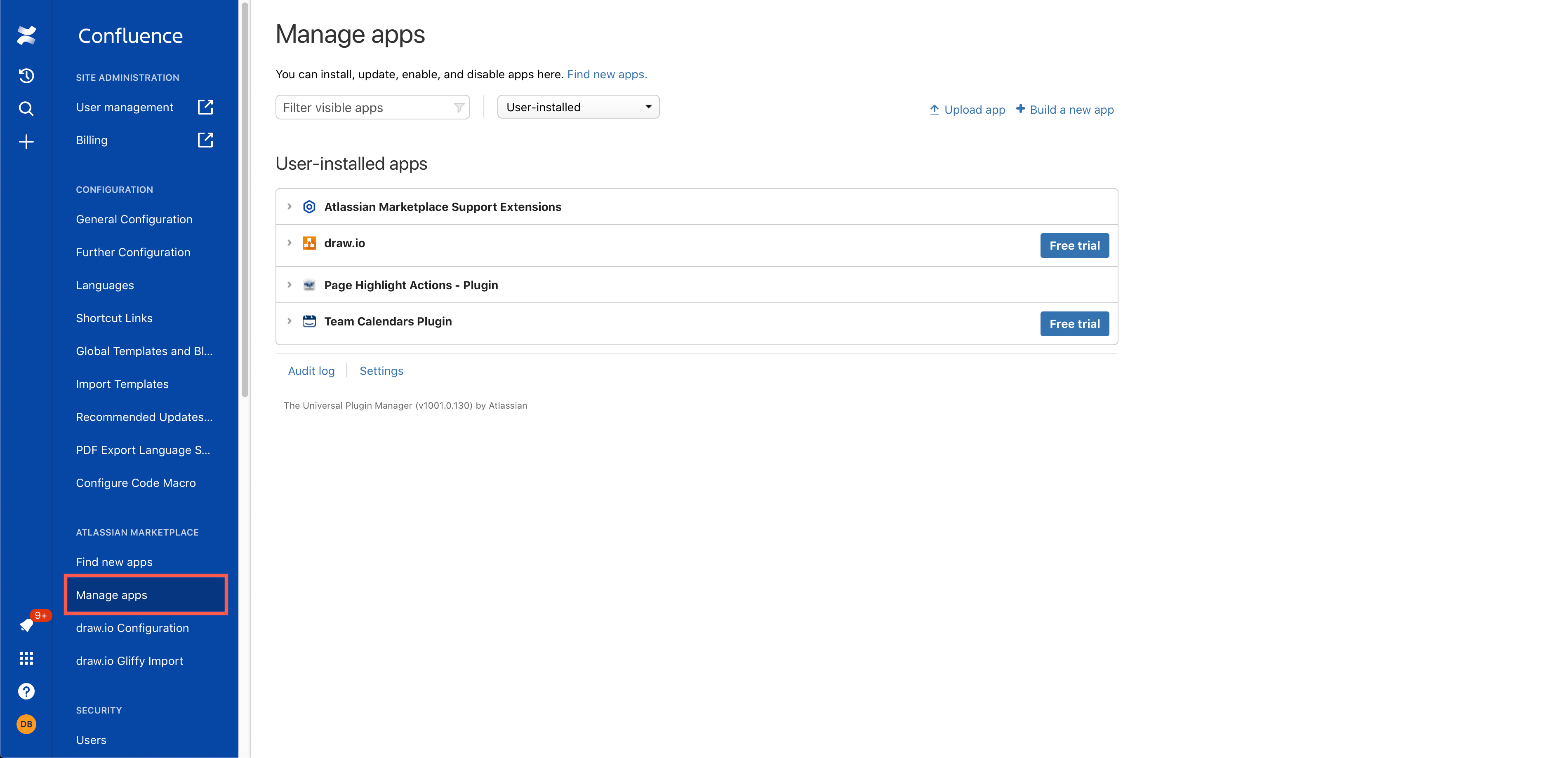 Manage the apps that are installed in your Confluence Cloud instance via Settings