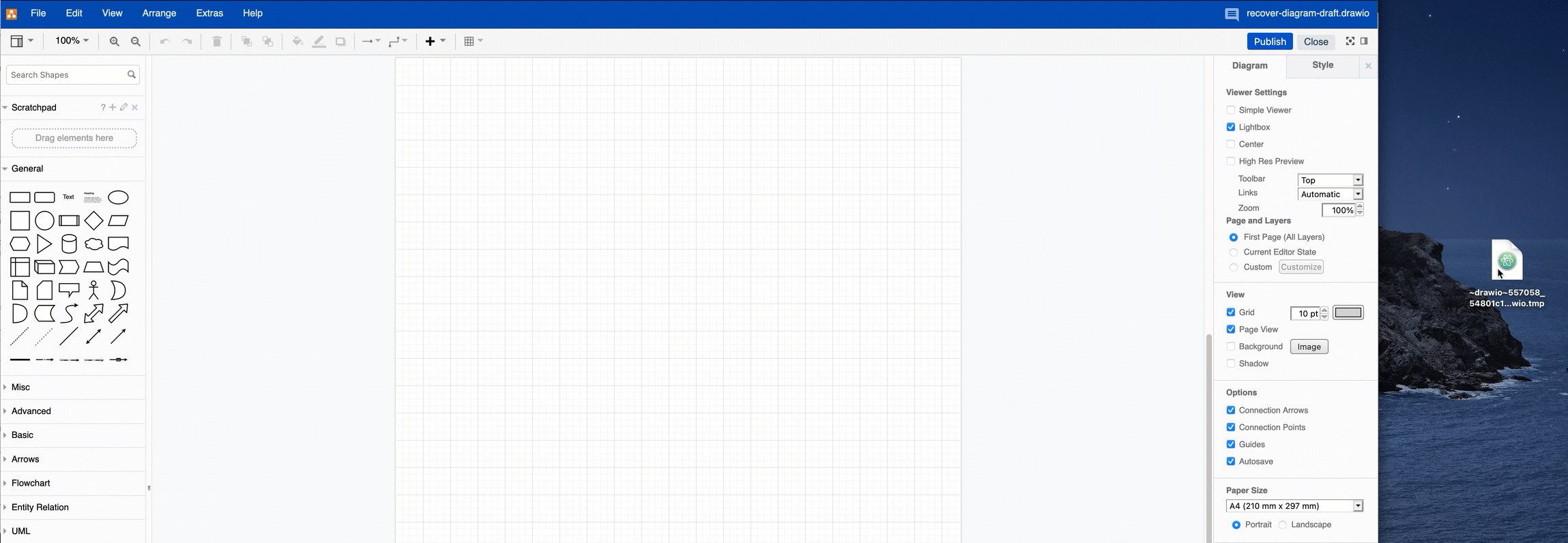 Drag the tmp file you previously downloaded into a the diagram editor to recover a diagram in Confluence Cloud