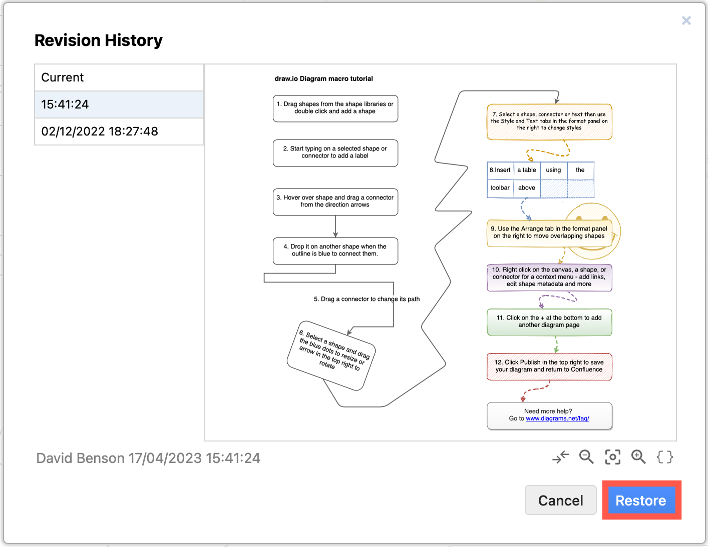 Open the menu in the draw.io Board editor and select Revision history to see all the diagram versions