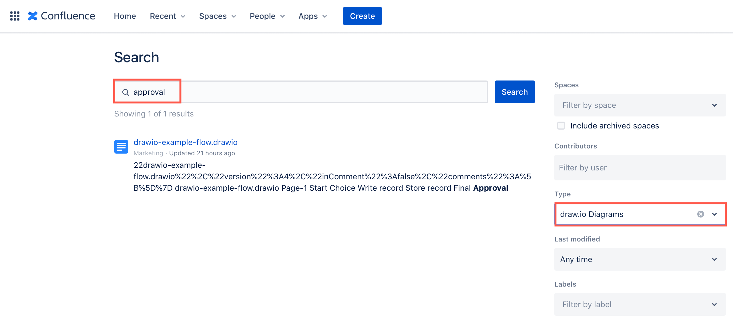 Search for label text inside a draw.io diagram using a filter and the advanced search in Confluence Cloud