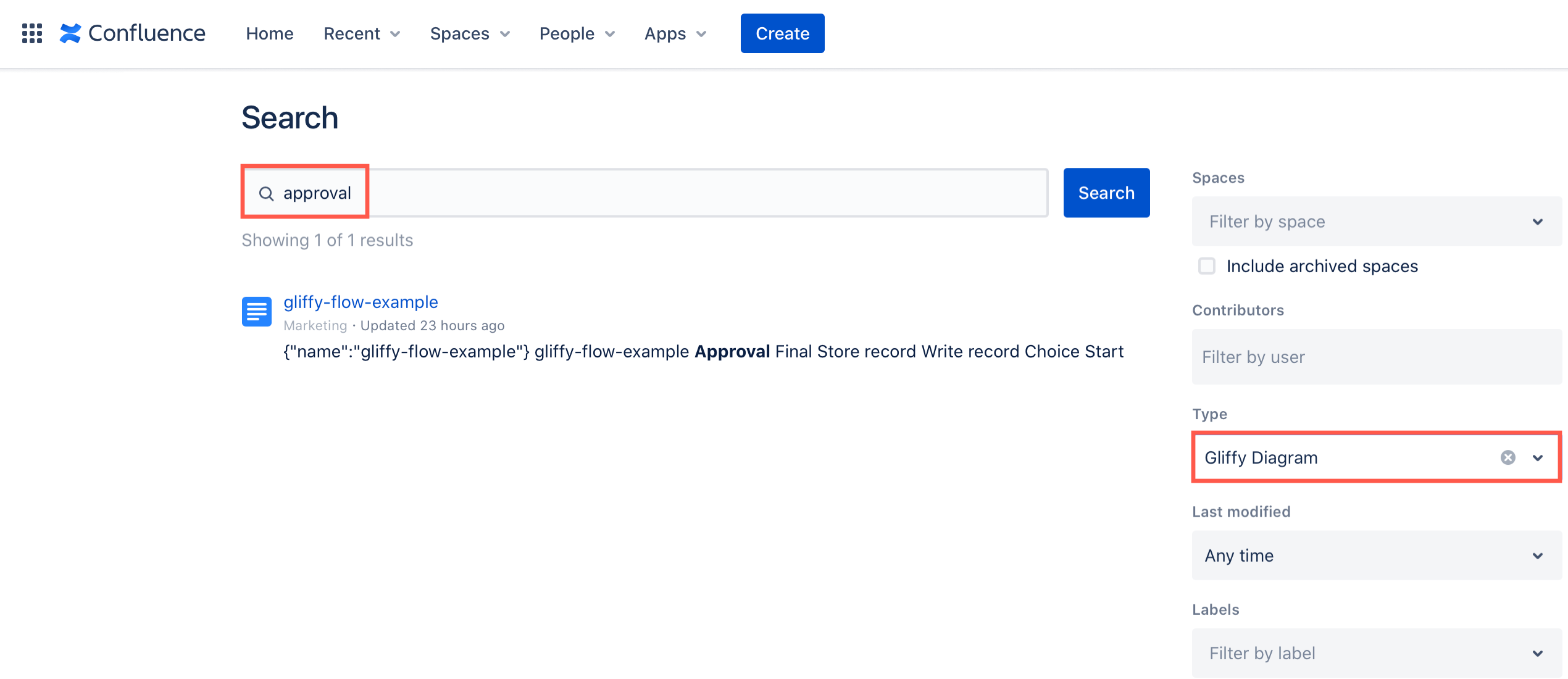 Search for label text inside a Gliffy diagram using a filter and the advanced search in Confluence Cloud