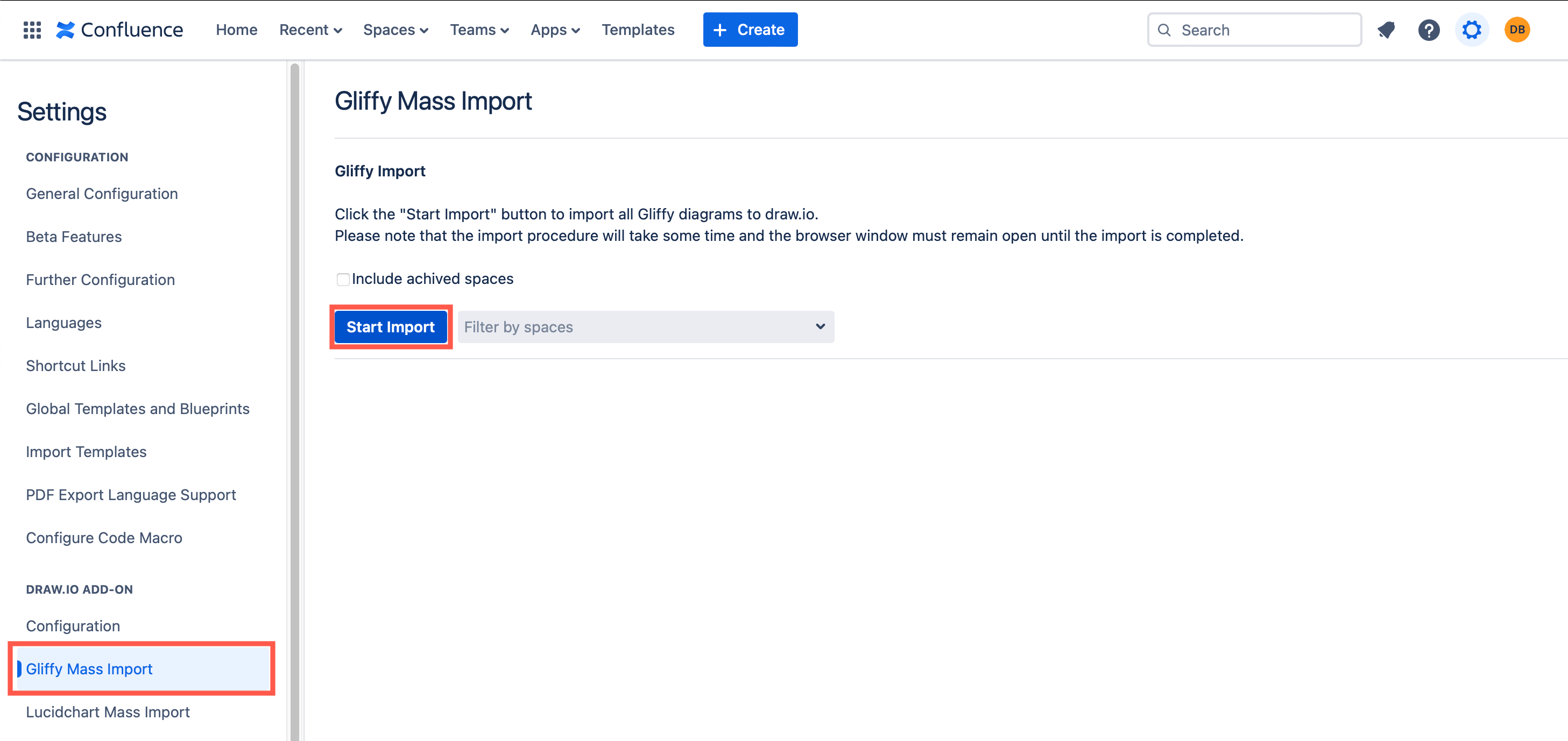 Start the Gliffy mass import to draw.io diagrams in Confluence Cloud