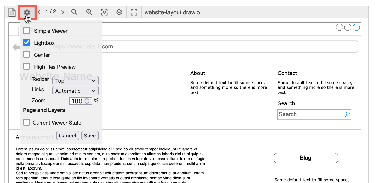 Save the Current Viewer State in the embedded draw.io diagram's Viewer Settings via the toolbar