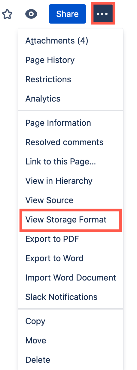 Click on ... > View Storage Format to see the source of a page in Confluence Cloud as an administrator
